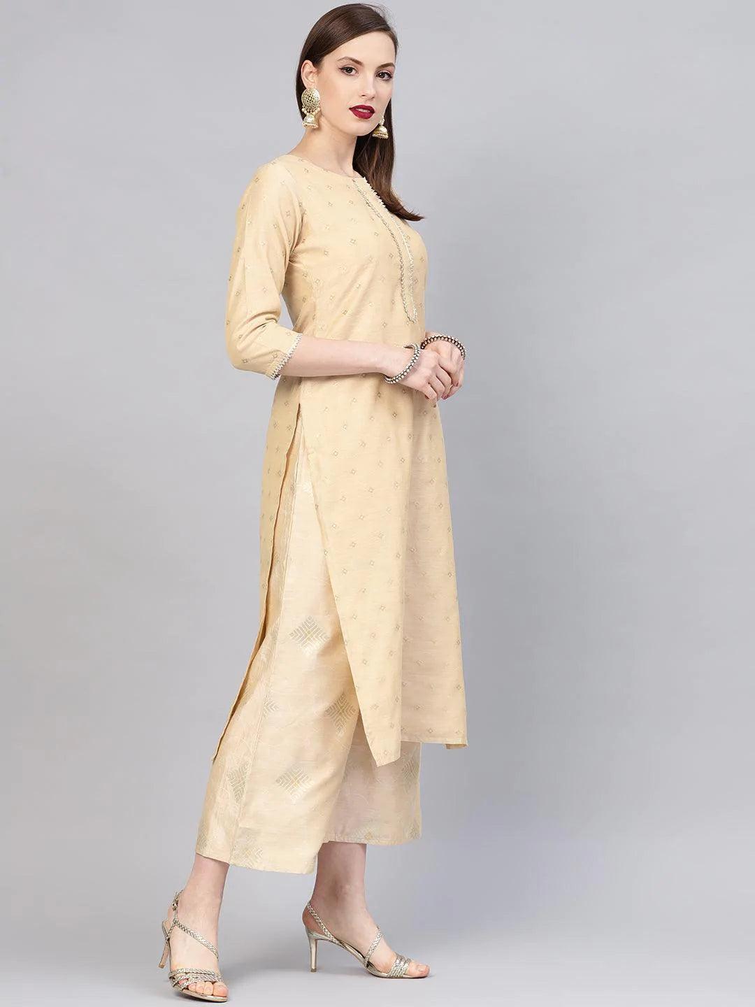 Anouk Beige Embroidered Chanderi Silk Straight Kurta With Palazzos & Dupatta