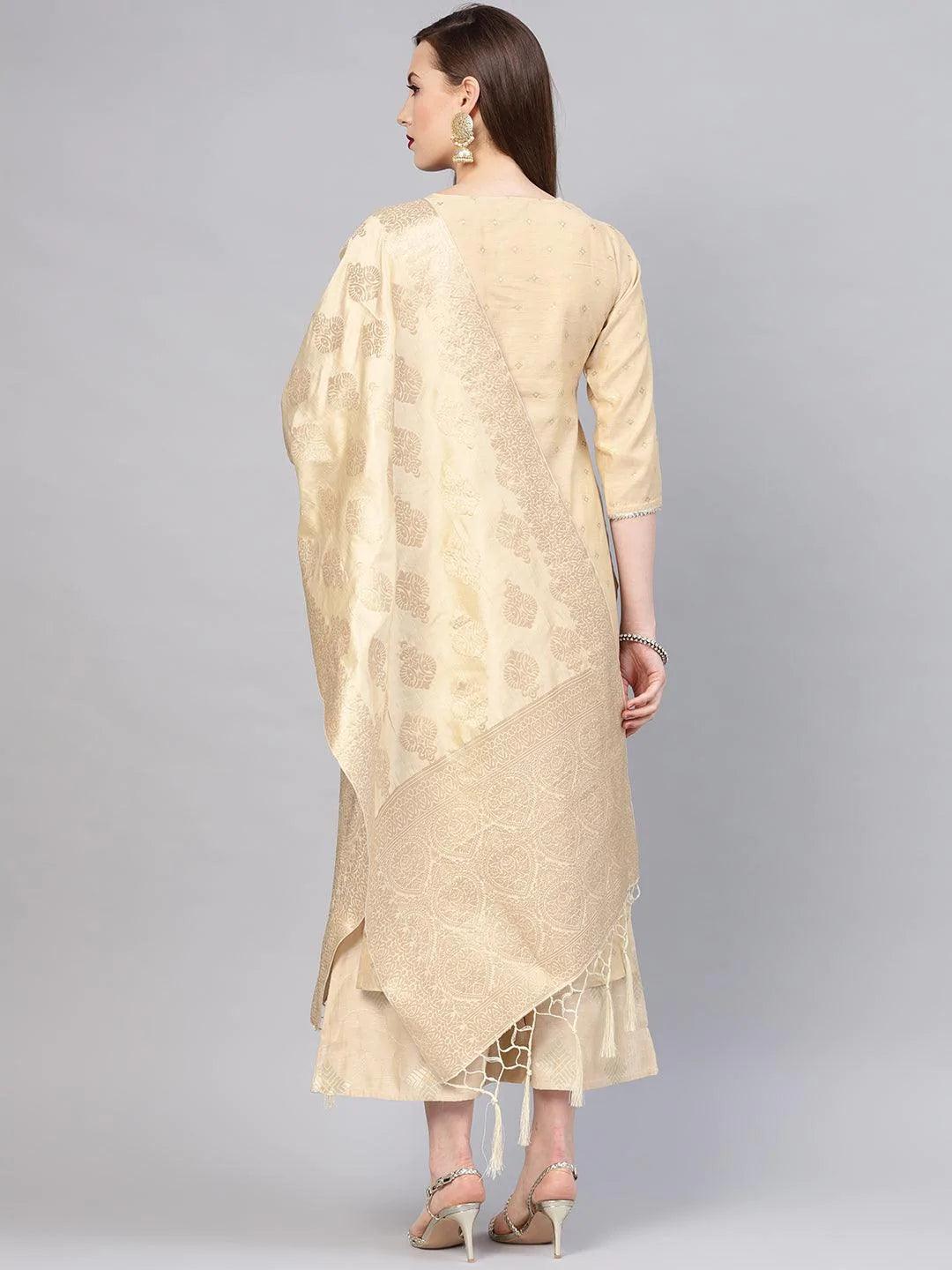 Anouk Beige Embroidered Chanderi Silk Straight Kurta With Palazzos & Dupatta