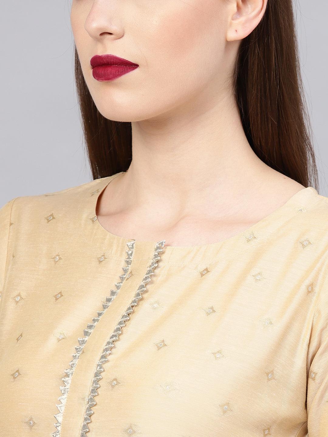 Anouk Beige Embroidered Chanderi Silk Straight Kurta With Palazzos & Dupatta