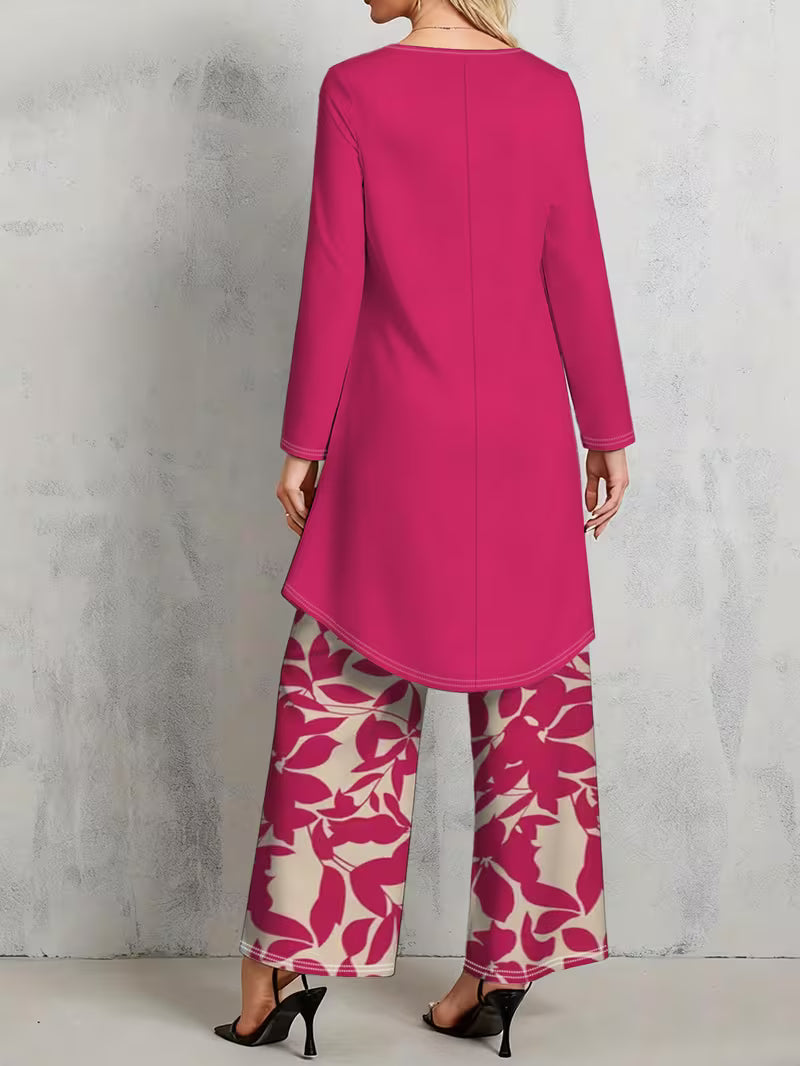 Women’s Long-Sleeve Floral Suit – Light Red Flowers on Gray, Casual & Vacation Wear