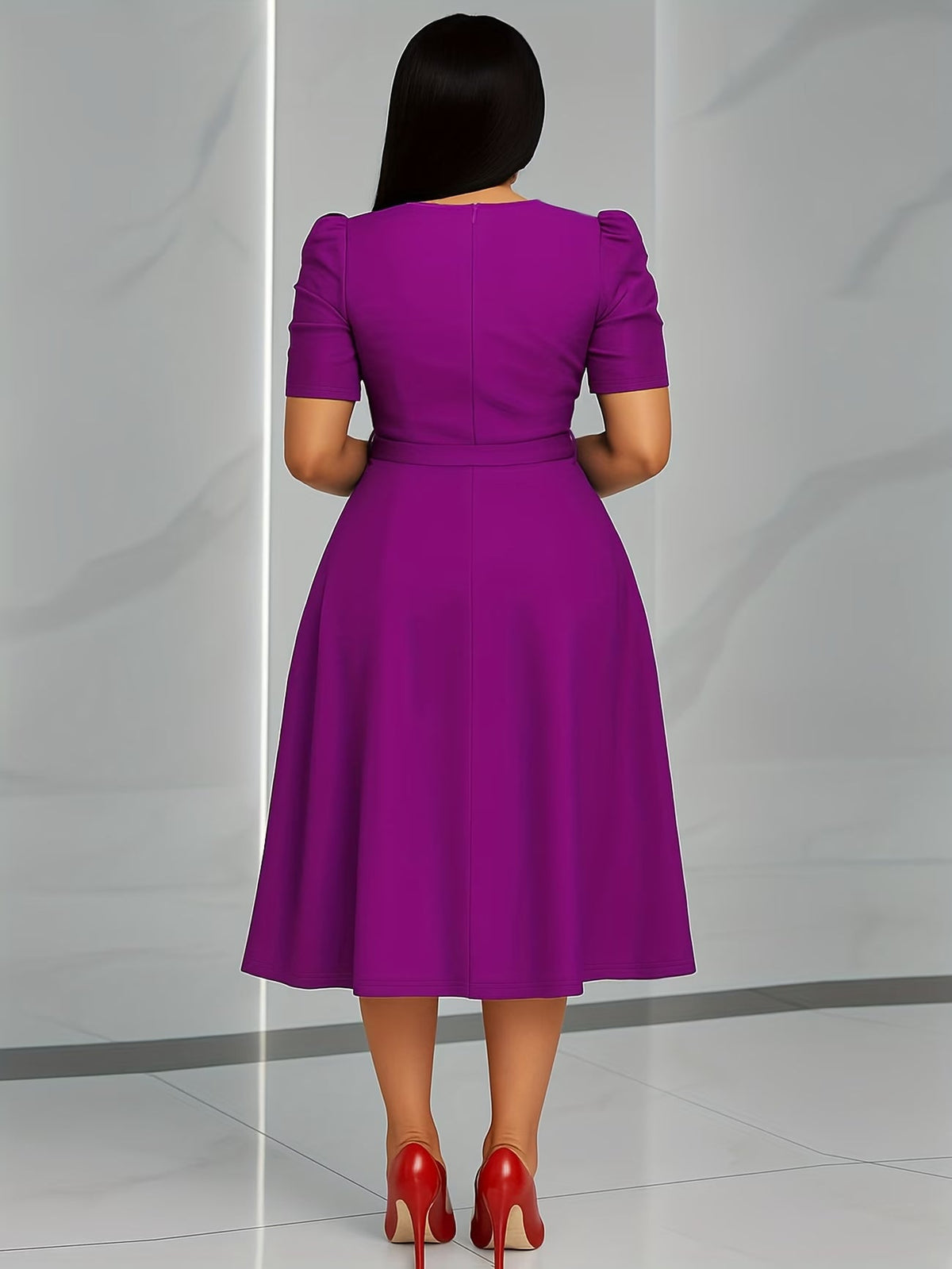 Women's Elegant V-Neck Ruffle Midi Dress with Waist Belt