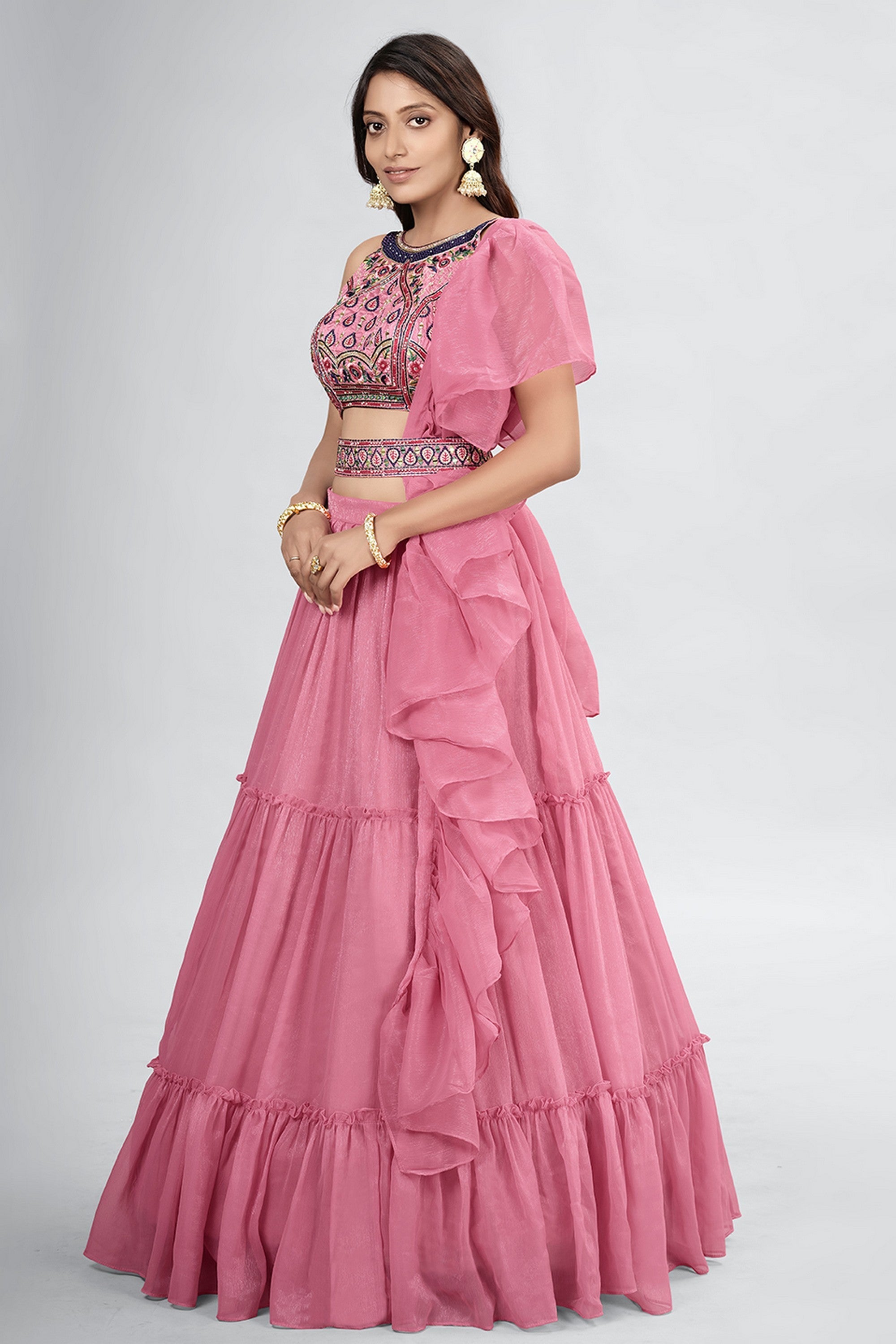 Pink Pakistani Art Silk Lehenga Choli For Indian Festivals & Weddings - Thread Embroidery Work,