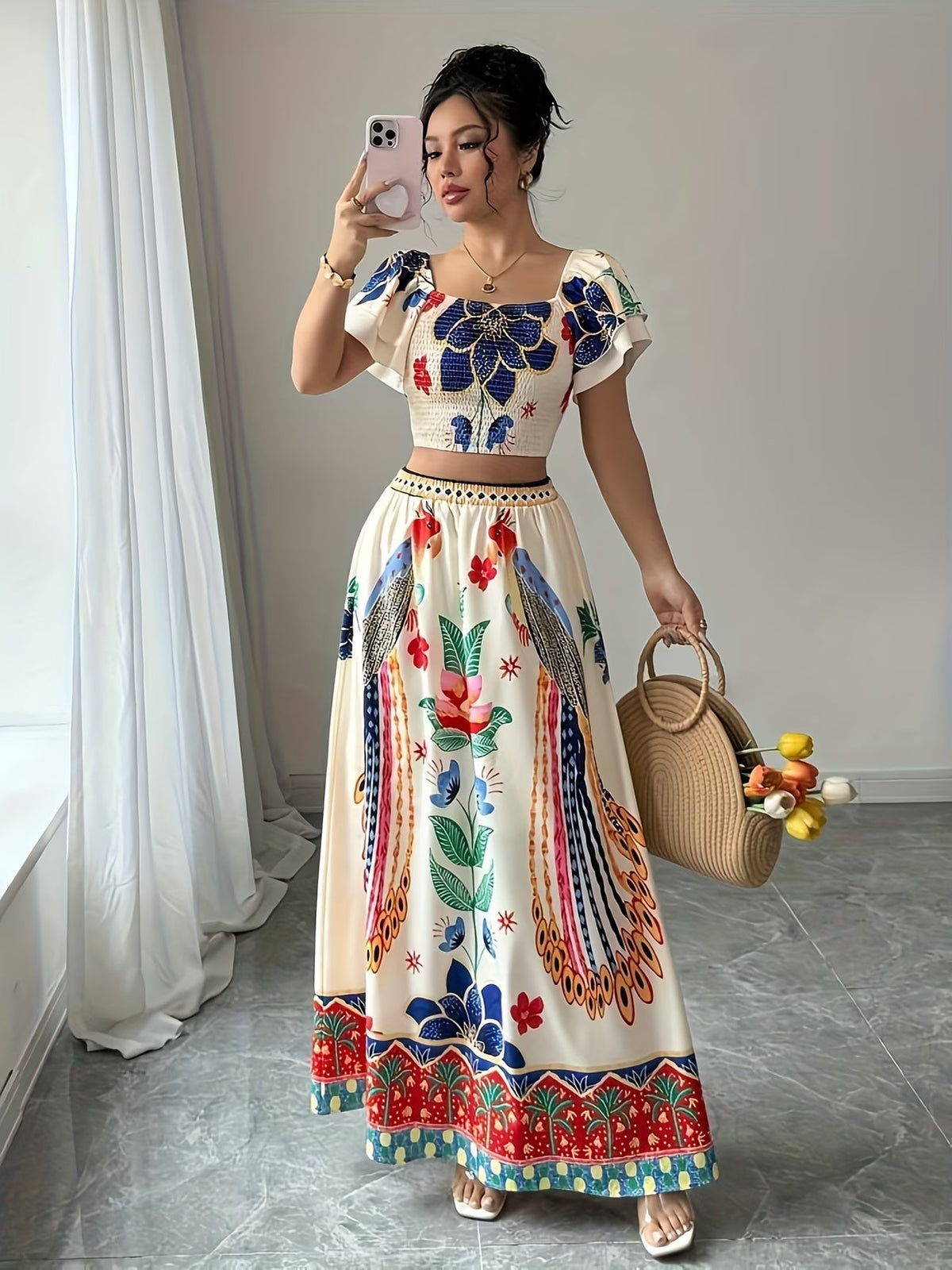 Women Summer Floral Top + Long Skirt Set