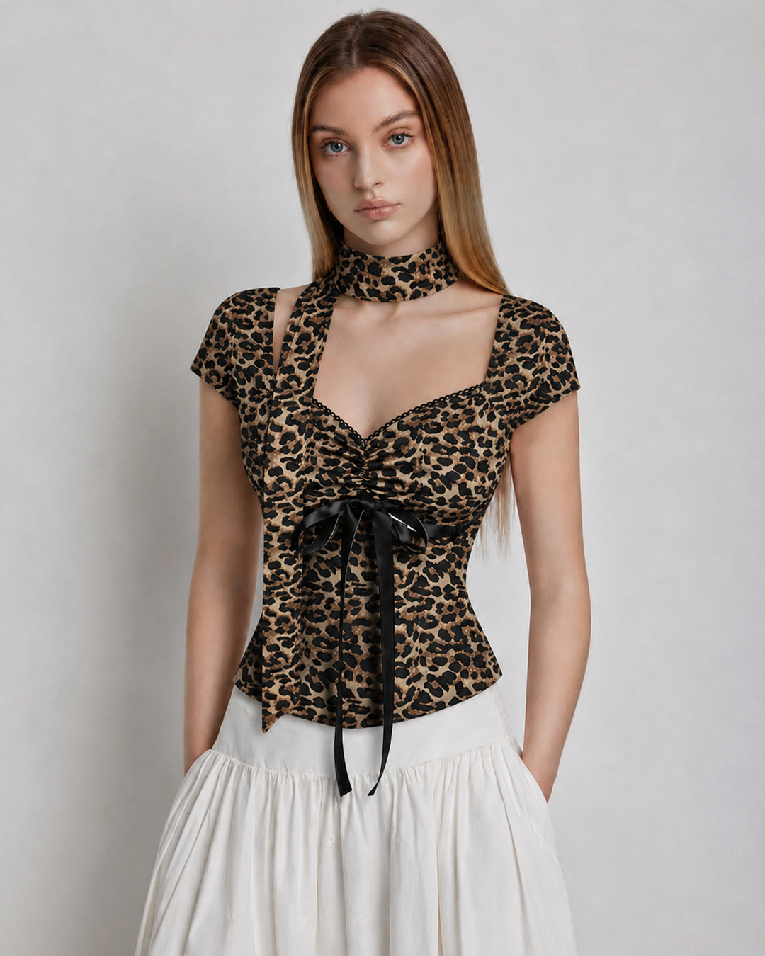Leopard Print Sweetheart Neck Top with Scarf