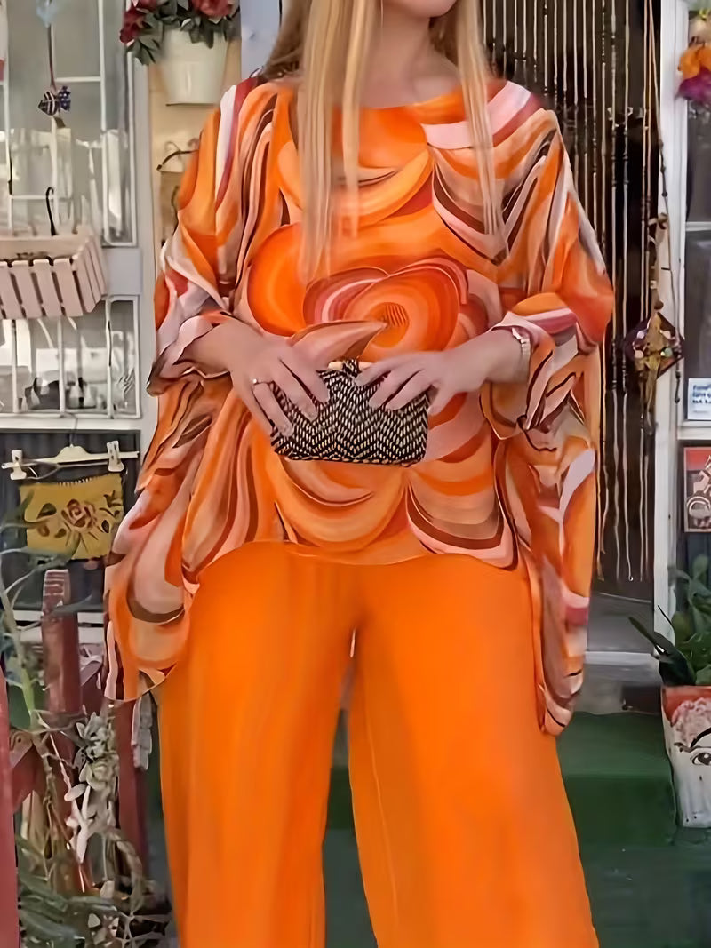 Women’s Plus-Size Casual 2-Piece Set – Off-Shoulder Batwing Top & Printed Pants