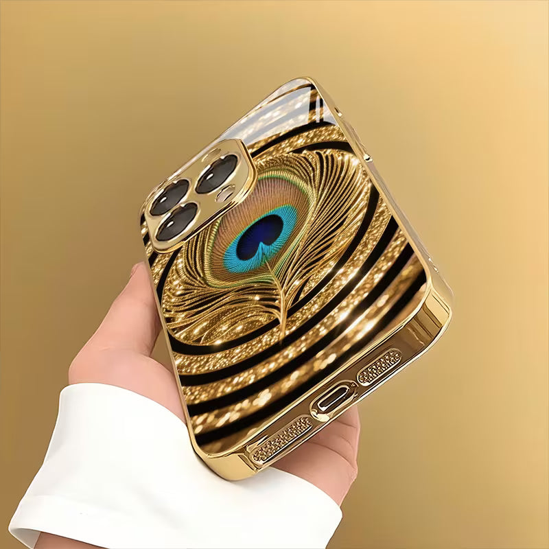 Luxury Golden Peacock Feather Glass Case for iPhone 📱✨
