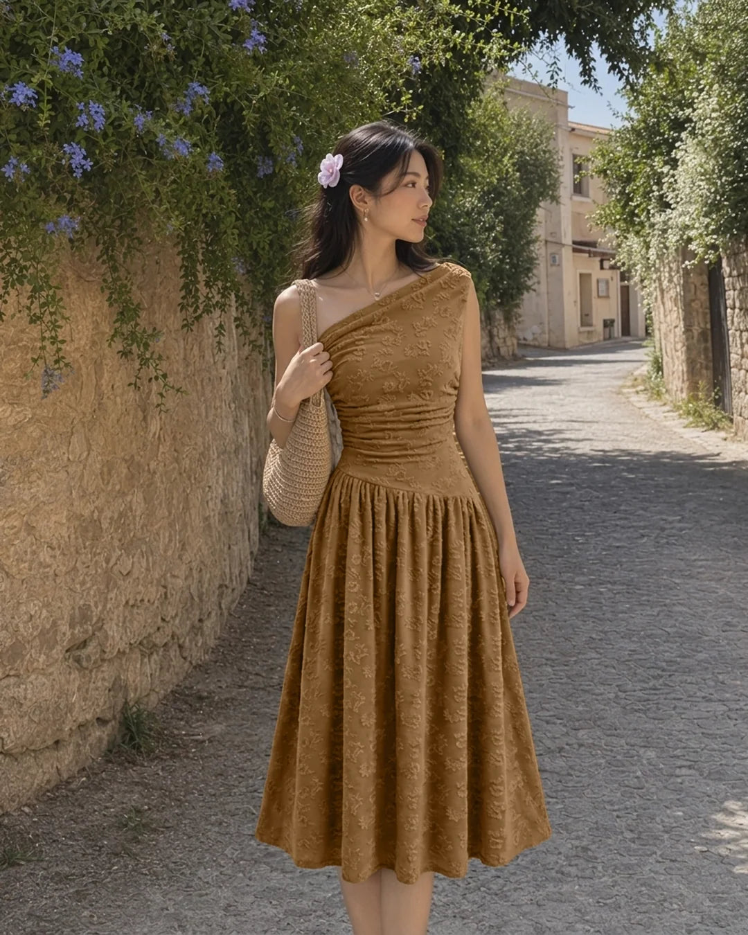 Sleeveless Asymmetrical Neck Pleated Maxi Dress in Brown