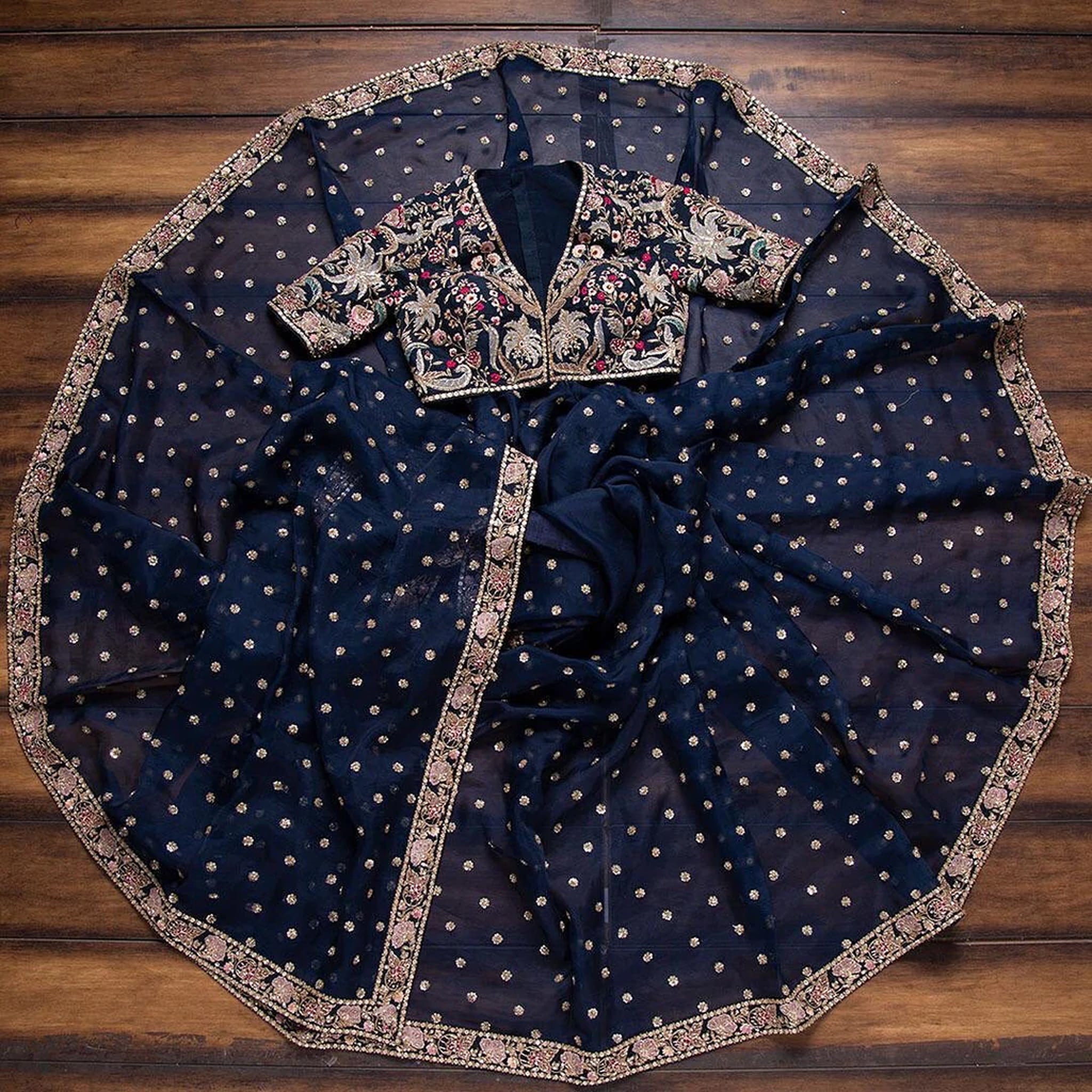 Blue Organza Saree with Heavy Embroidery work and Sequins Work