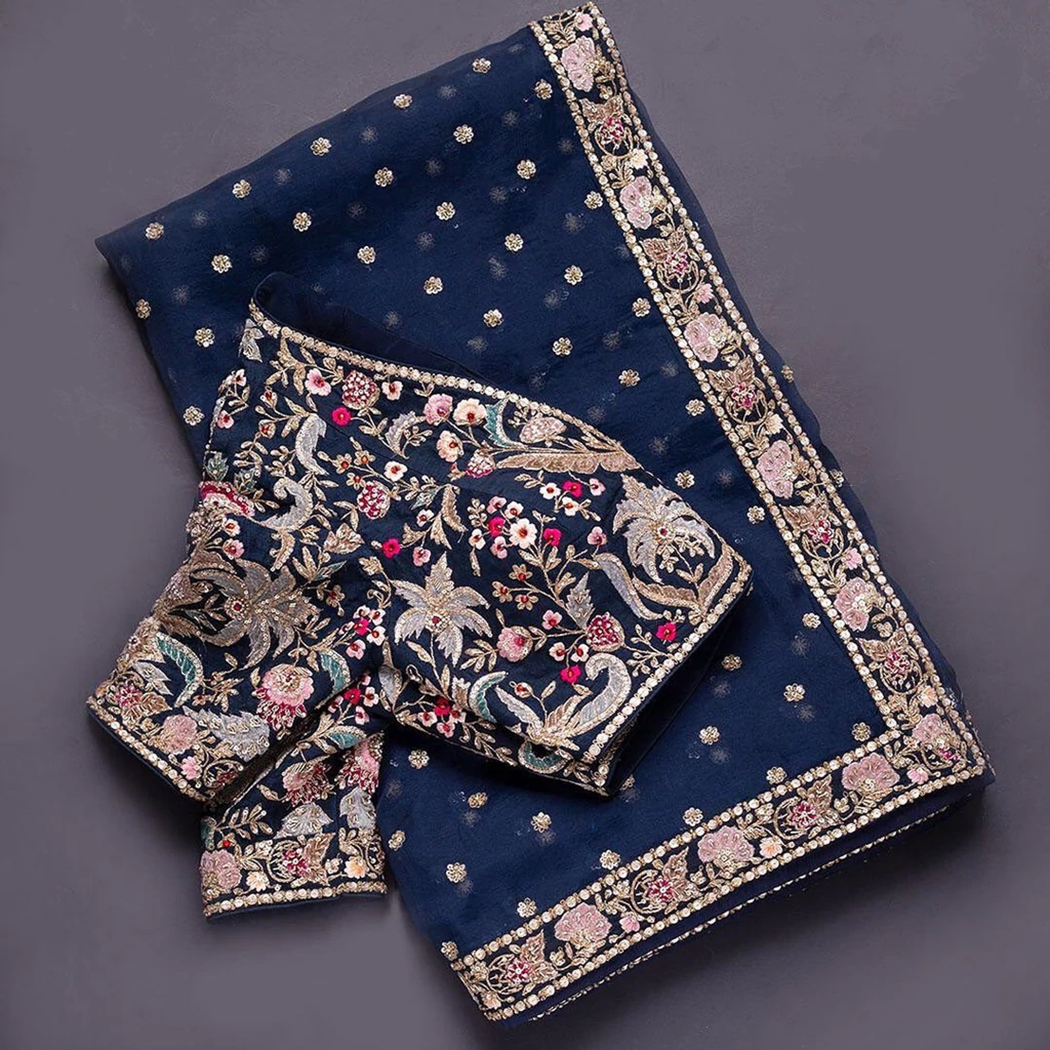 Blue Organza Saree with Heavy Embroidery work and Sequins Work