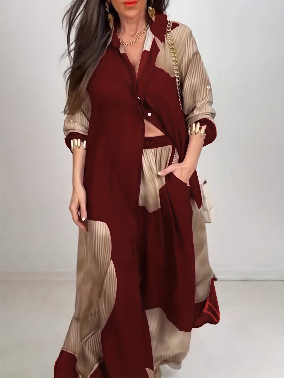Women's Printed Long Shirt & Relaxed Pants Two-Piece Set