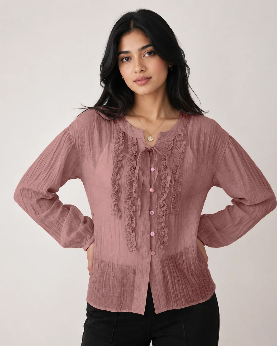 Ruffle Trim Tie Neck Shirt in Dusty Pink