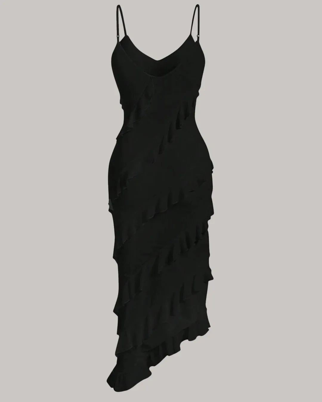 Spaghetti Strap Ruffle Trim Asymmetrical Black Cami Dress