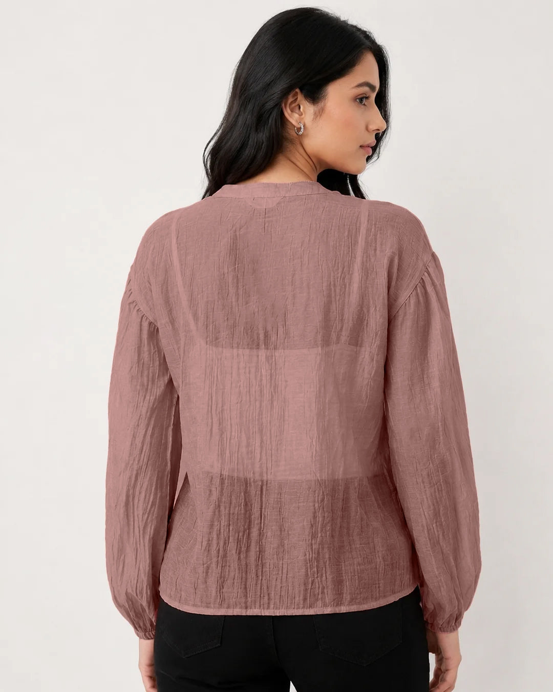 Ruffle Trim Tie Neck Shirt in Dusty Pink