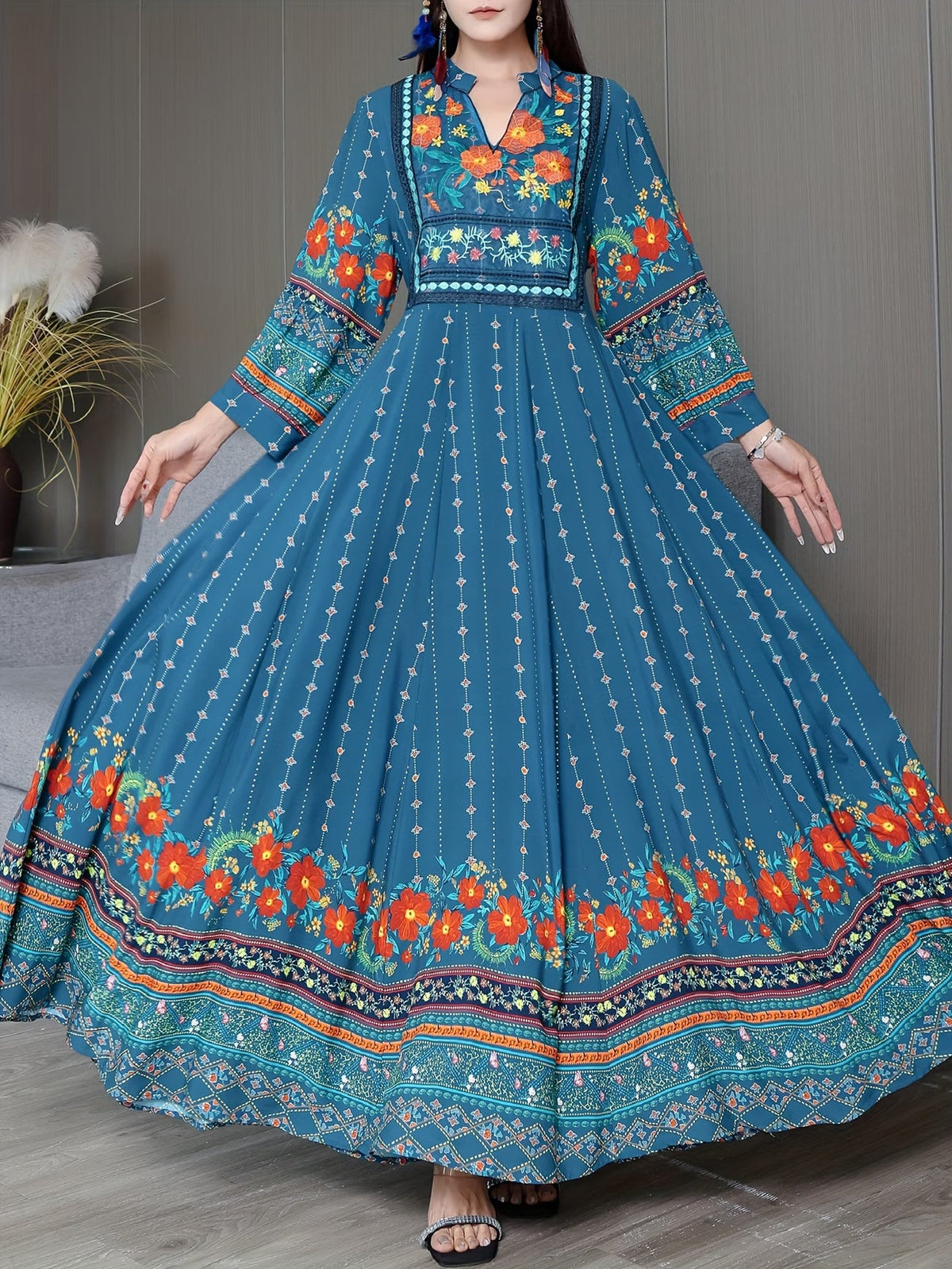 Women's Bohemian Ethnic Print Maxi Dress with Flowing Hem