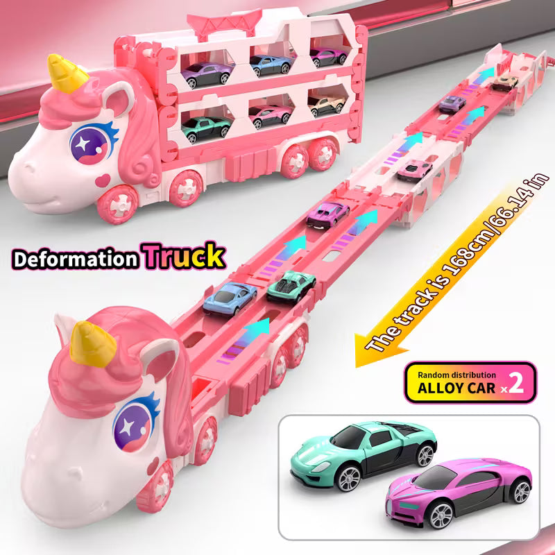Kids Transport Truck Toy with Dual Tracks & 2 Metal Cars 🚛🏁