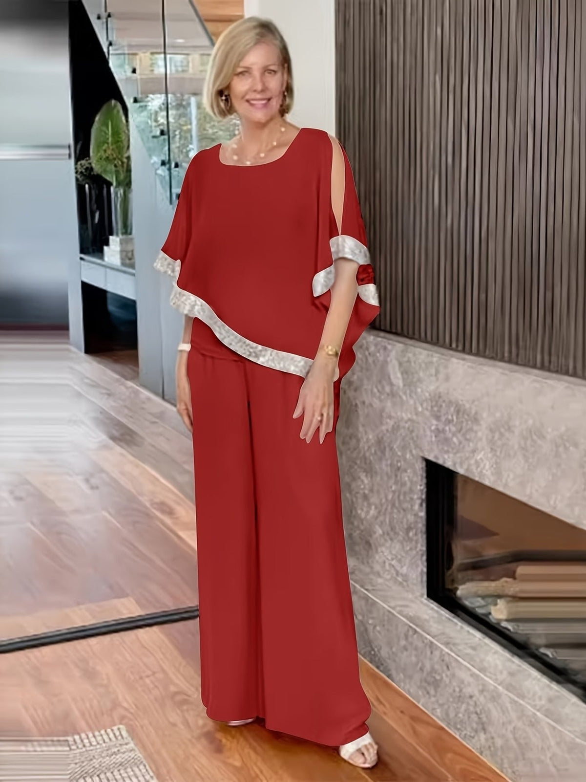 Women’s Sequin Color Block Batwing Top & Wide-Leg Pants Set – Elegant Spring Summer Party Outfit