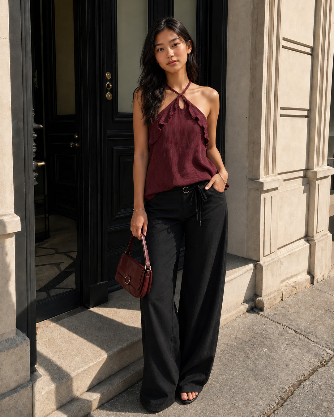Ruffle Detail Halter Neck Flowy Top in Maroon