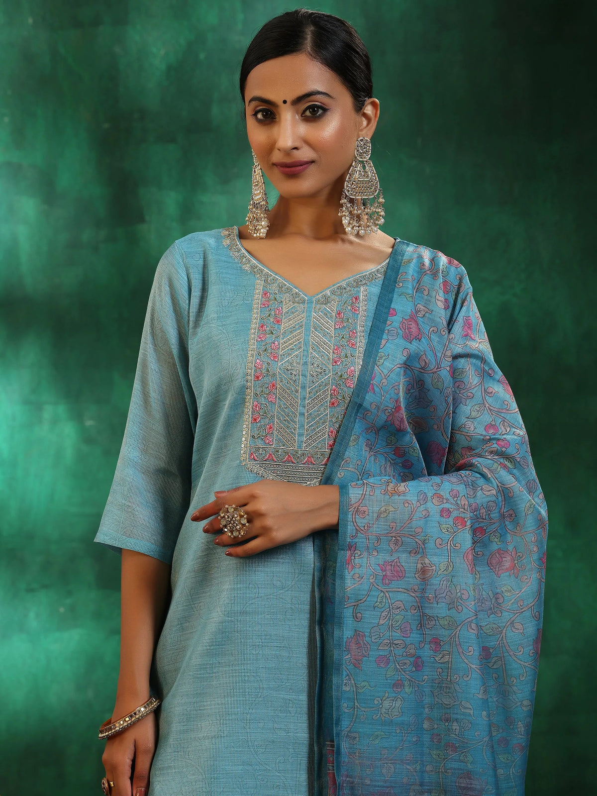 Anouk Turquoise Blue Yoke Design Silk Blend Straight Suit With Dupatta