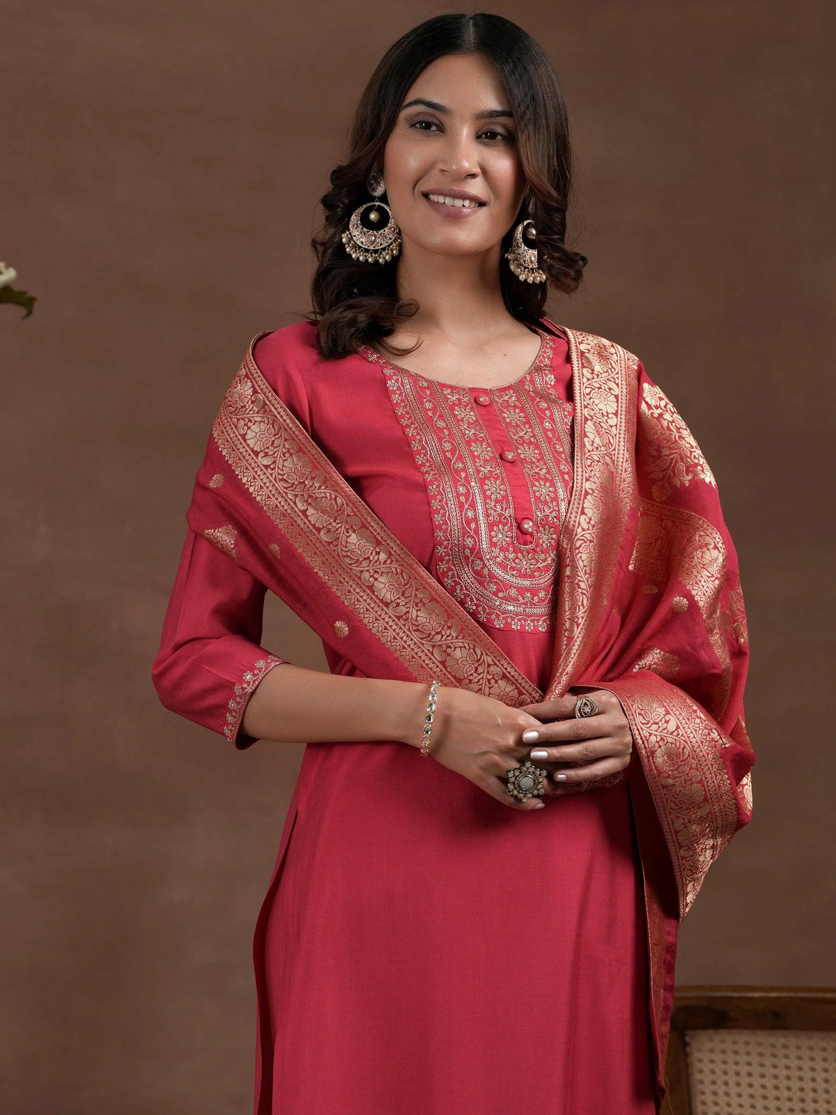 Anouk Pink Yoke Design Silk Blend Straight Suit With Dupatta