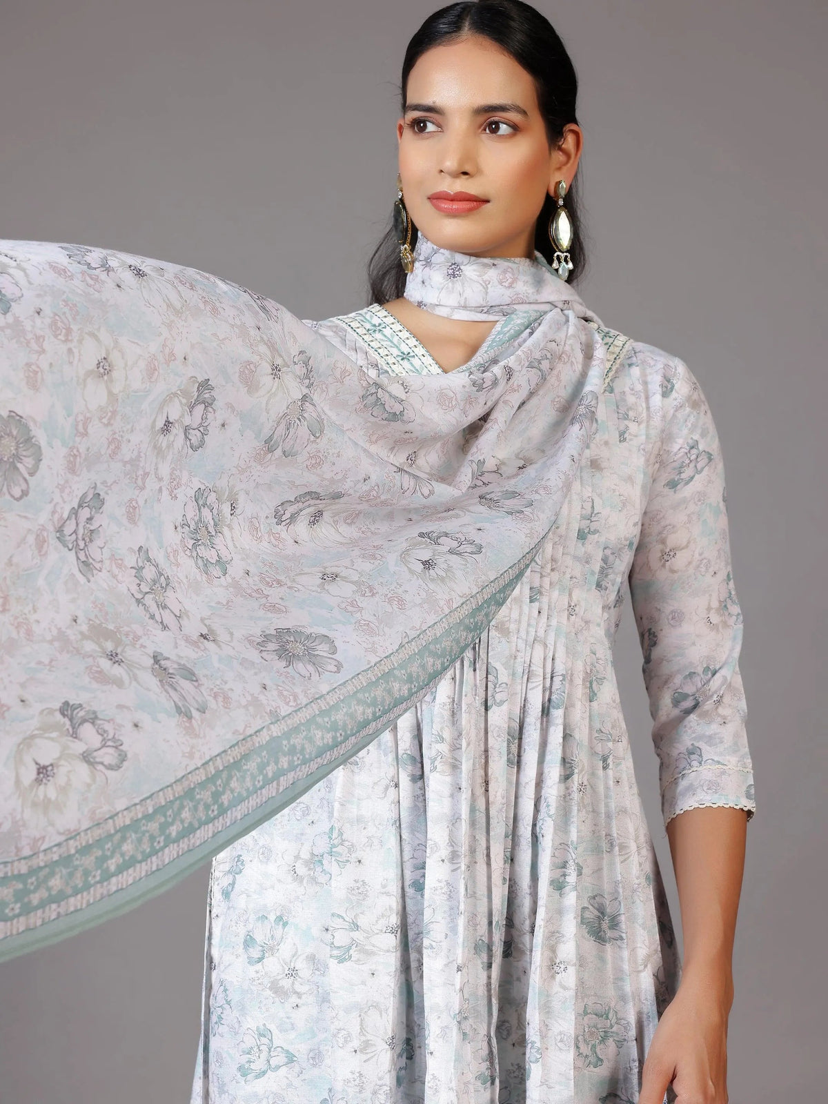 Anouk Off White Printed Cotton Blend A-Line Kurta With Palazzos & Dupatta