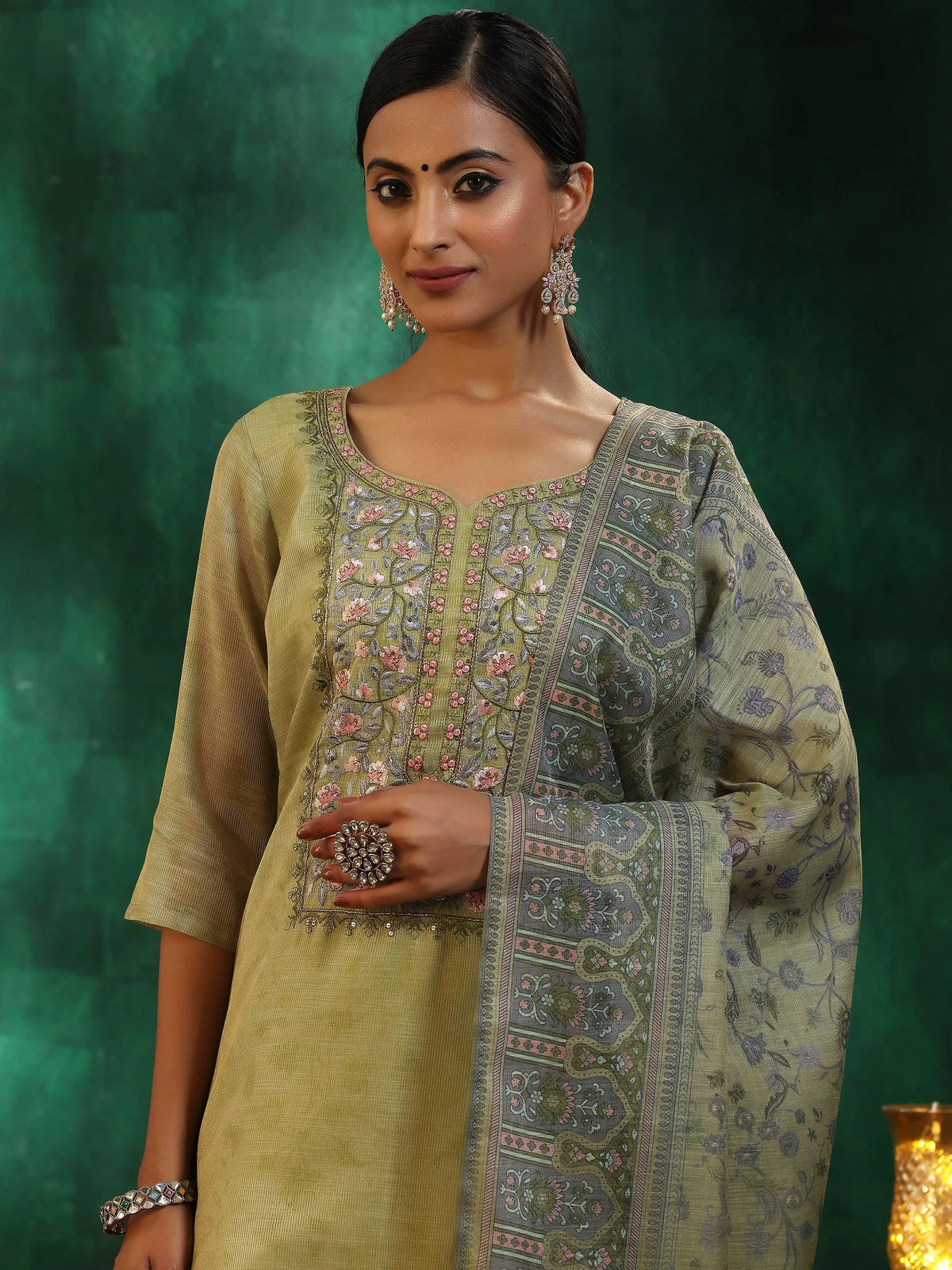 Anouk Green Yoke Design Silk Blend Straight Suit With Dupatta