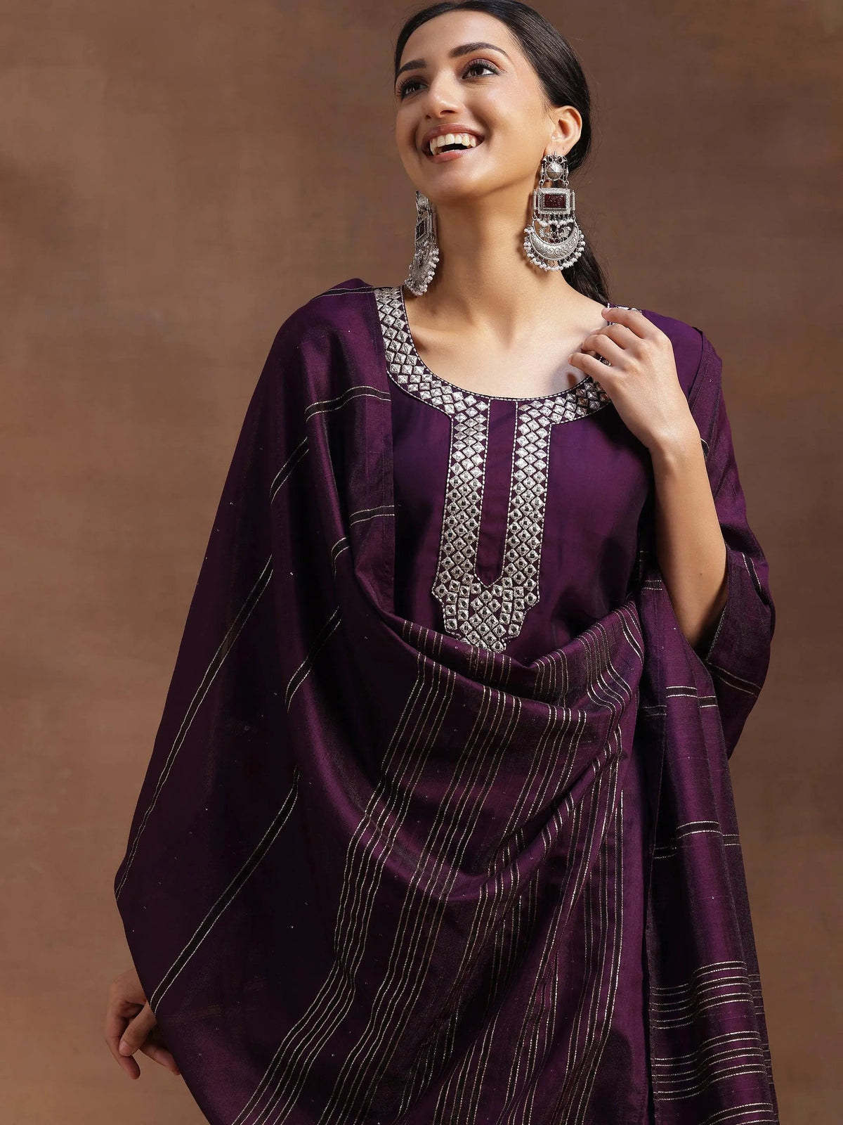 Anouk Purple Embroidered Silk Blend Straight Suit With Dupatta