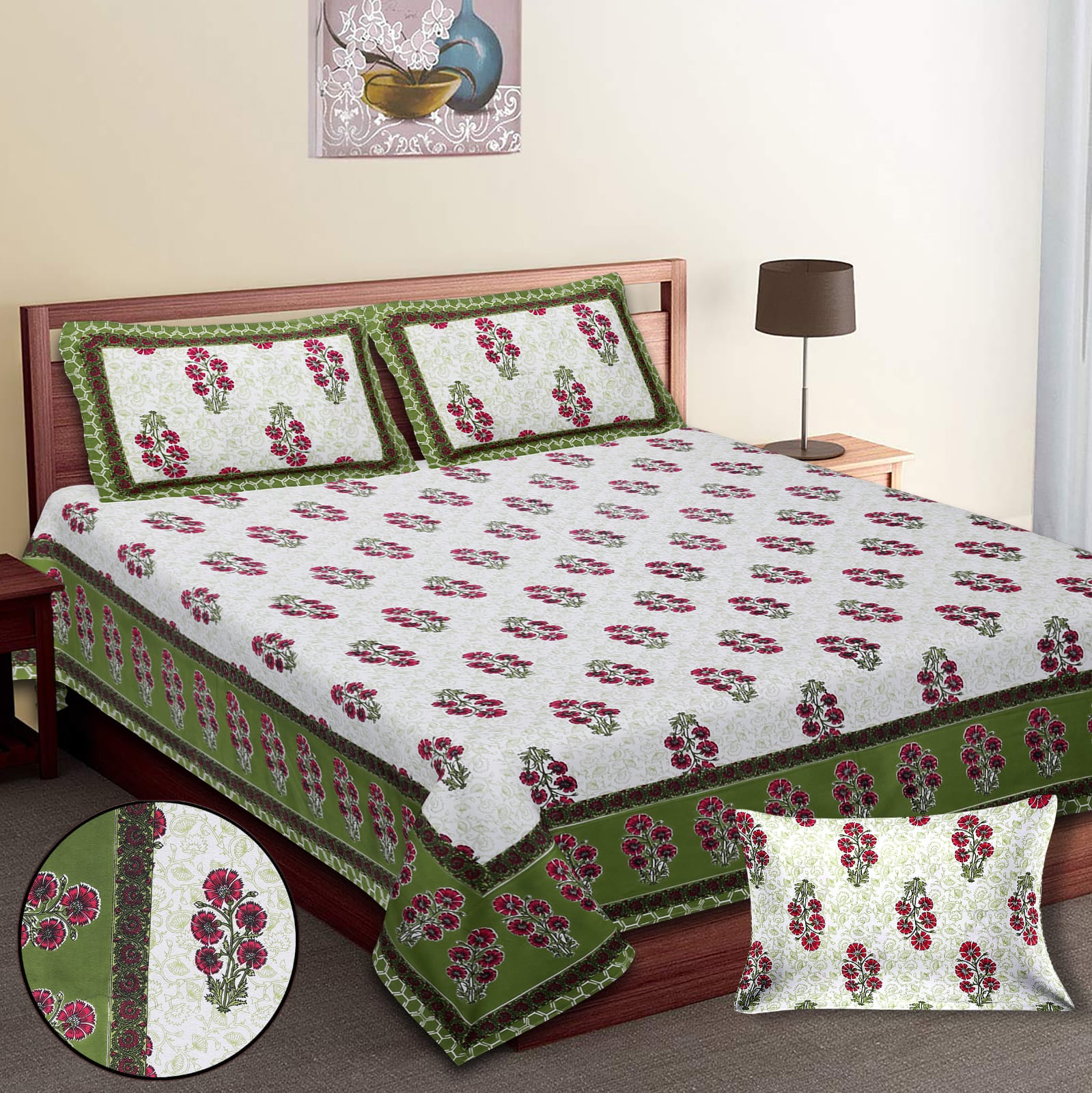King-Size Cotton Bedsheet Set with Pillow Covers