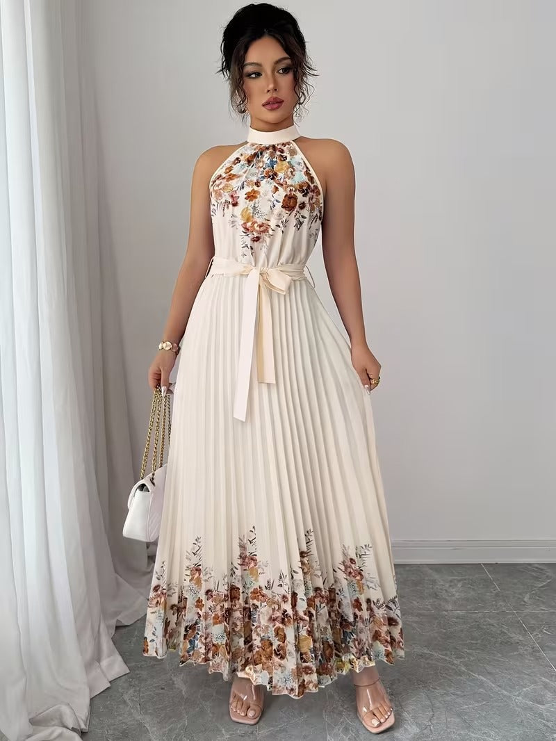 Elegant Floral Halter Neck Pleated Dress – Stylish & Comfortable Summer Outfit for Women