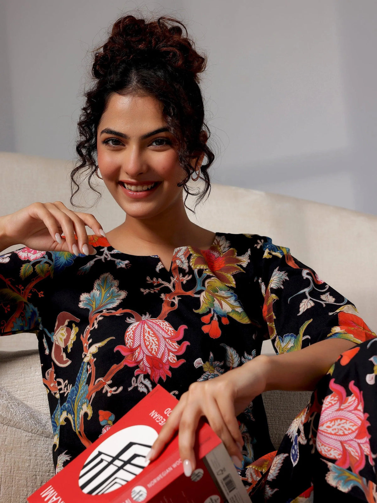 Anouk Black Printed Cotton Night Suits