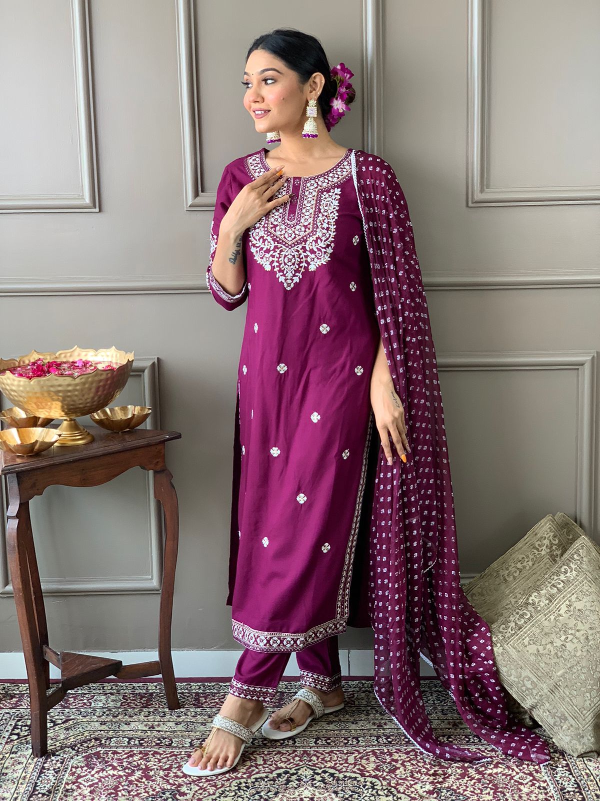 Wine Embroidered Rayon Kurta Set with Pant and Dupatta