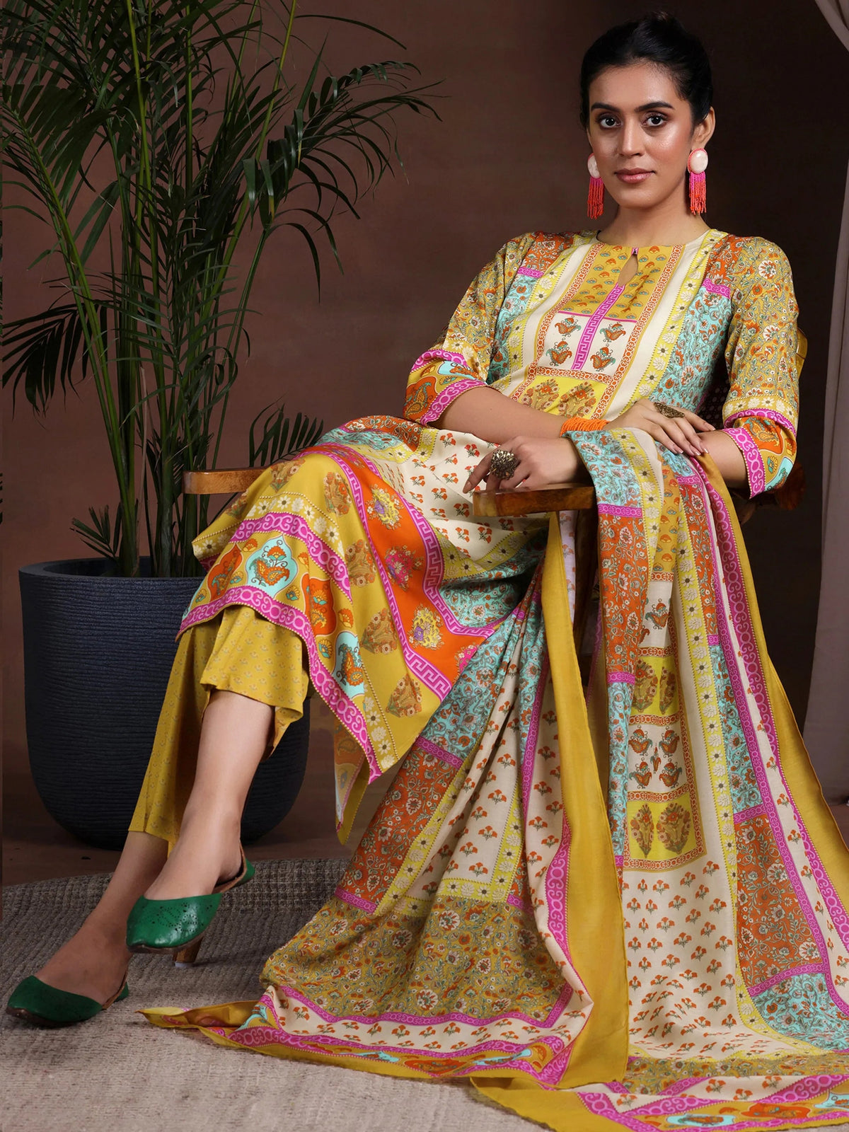 Anouk Mustard Printed Poly Crepe Straight Suit With Dupatta