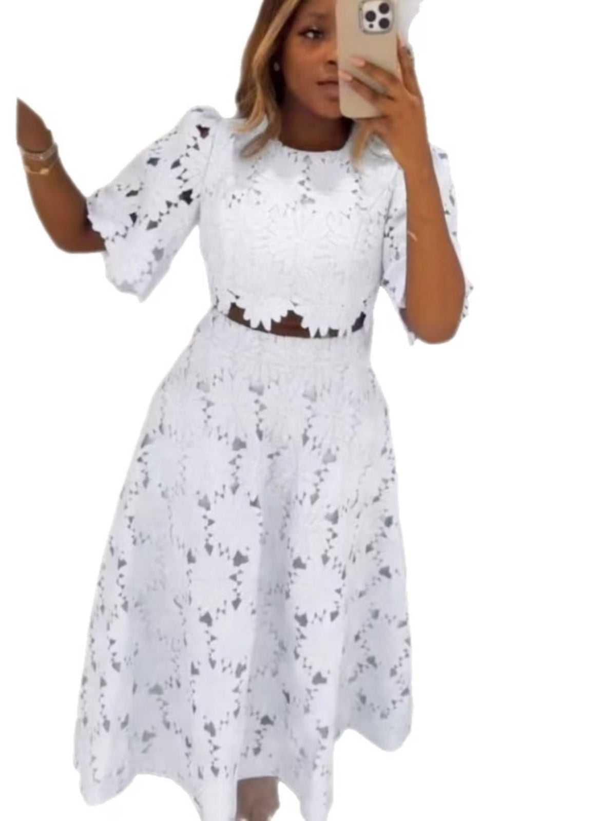 Plus Size Embroidered Hollow-Out Crop Top & Resort Skirt Set – Elegant Spring/Summer Party Outfit
