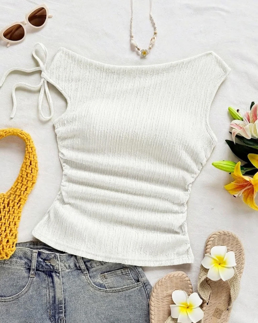 Asymmetrical Side Knot Sleeveless Top in White