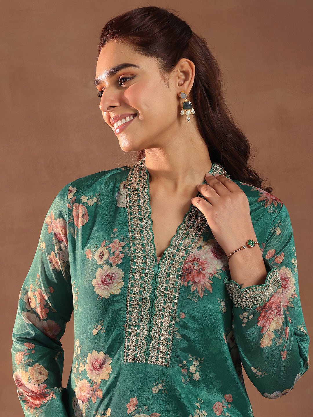 Anouk Green Printed Silk Blend Straight Suit With Dupatta