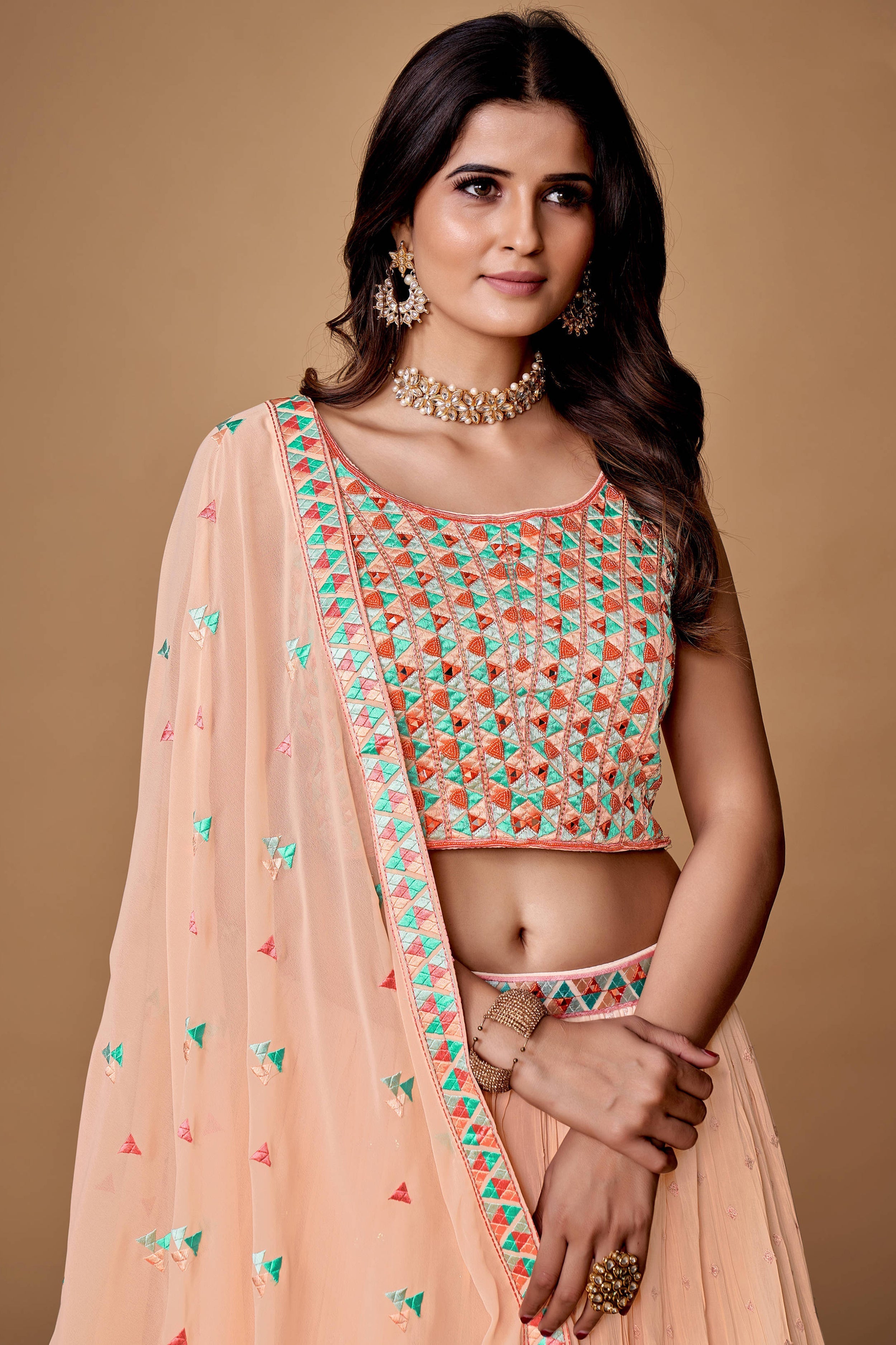 Peach Thread Work Georgette Reception Wear Lehenga Choli
