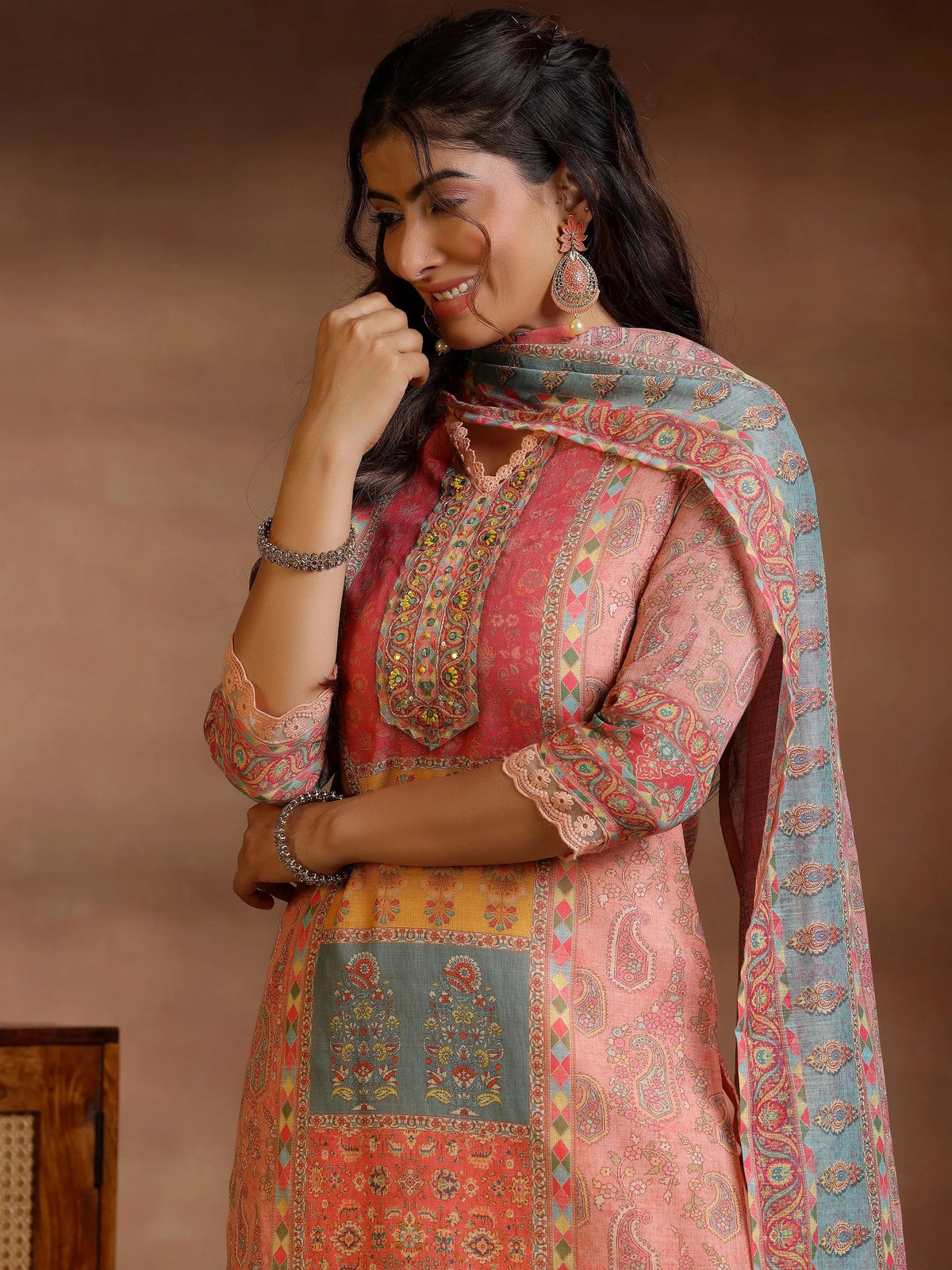 Anouk Peach Printed Cotton Blend Straight Suit With Dupatta