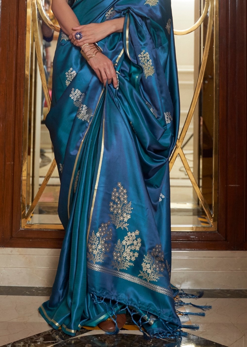 Regal Blue Designer Satin Silk Saree