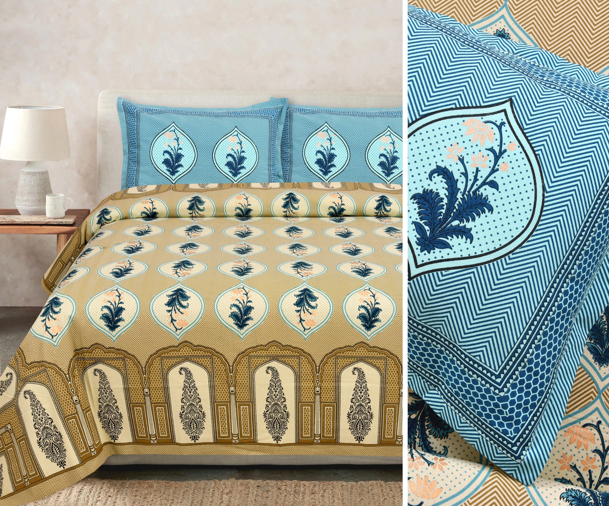 Gold Printed Cotton Bedsheet Set with Coordinating Pillow Covers