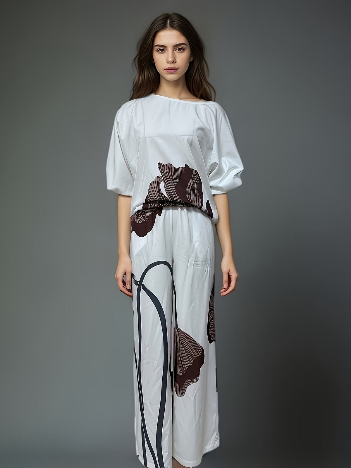 Elegant Floral Print Women’s Co-Ord Set – Comfortable Short Sleeve Top & Flowy Elastic Waist Pants