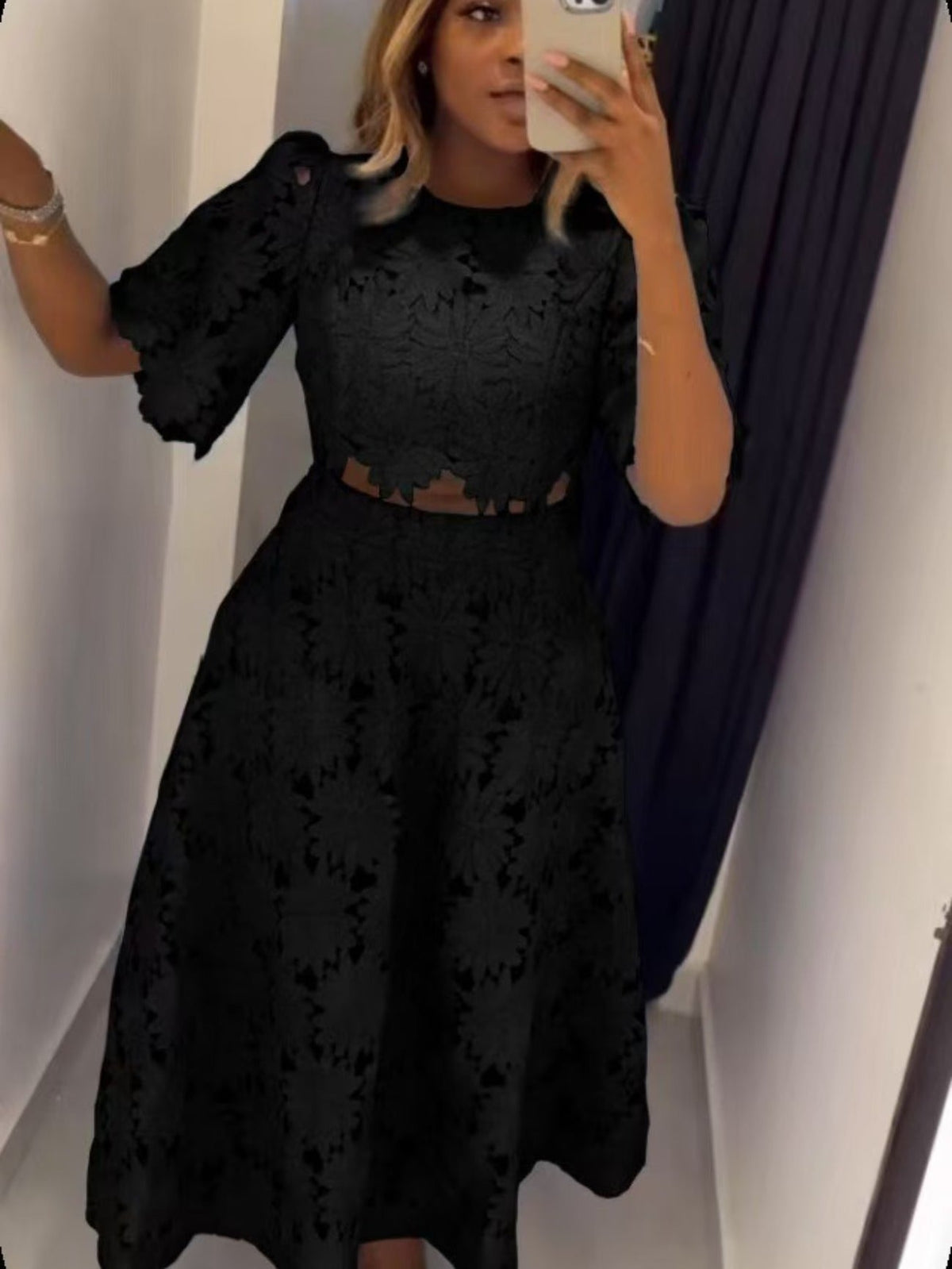 Plus Size Embroidered Hollow-Out Crop Top & Resort Skirt Set – Elegant Spring/Summer Party Outfit
