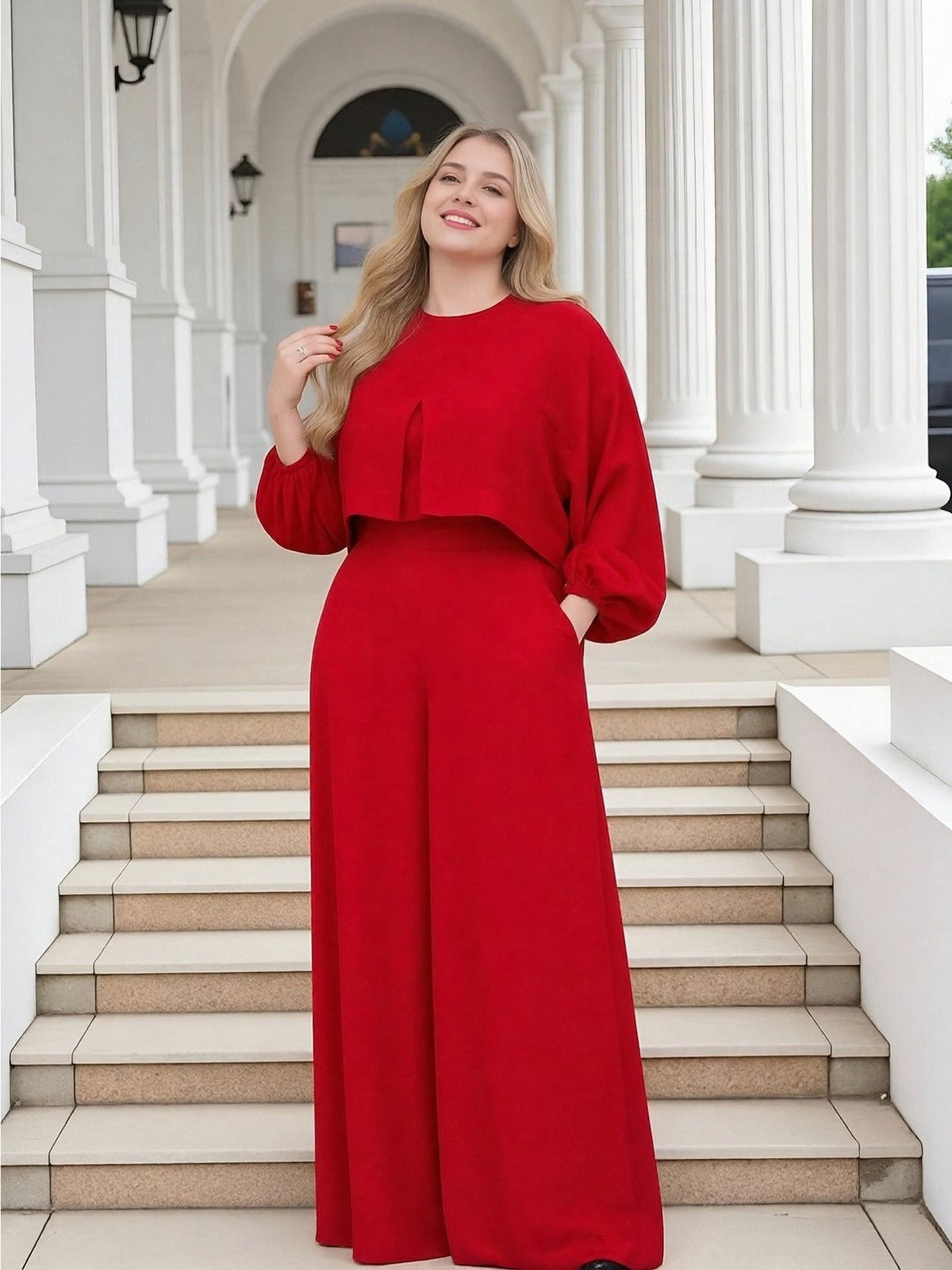 Plus Size Elegant Lantern Sleeve Top & Wide-Leg Pants Set – Chic Two-Piece Suit for Women