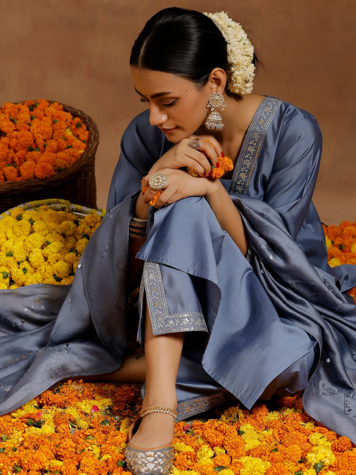 Anouk Grey Yoke Design Silk Blend Straight Suit With Dupatta