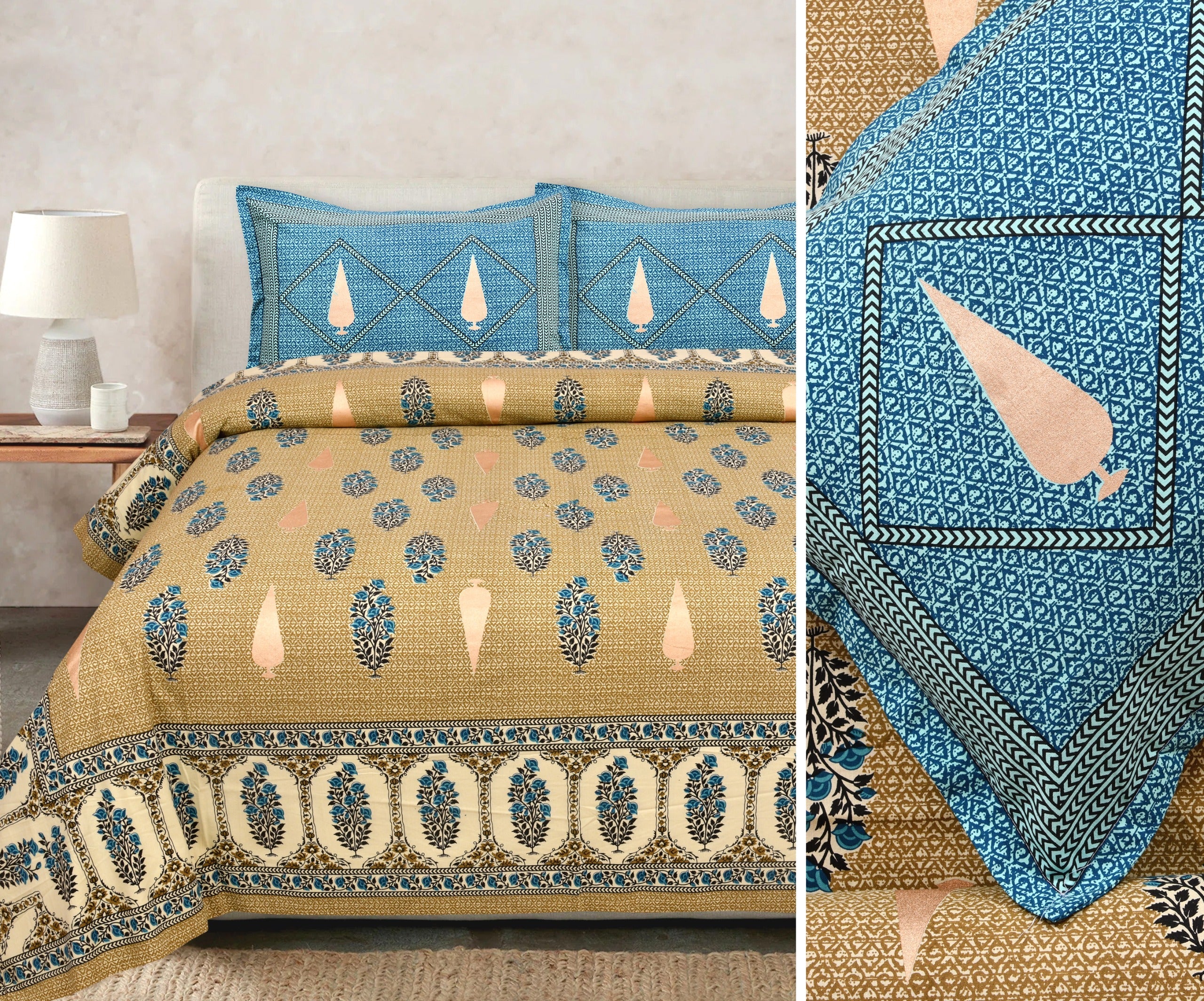 Gold-Print Cotton Bedsheet Set with Coordinated Pillow Covers