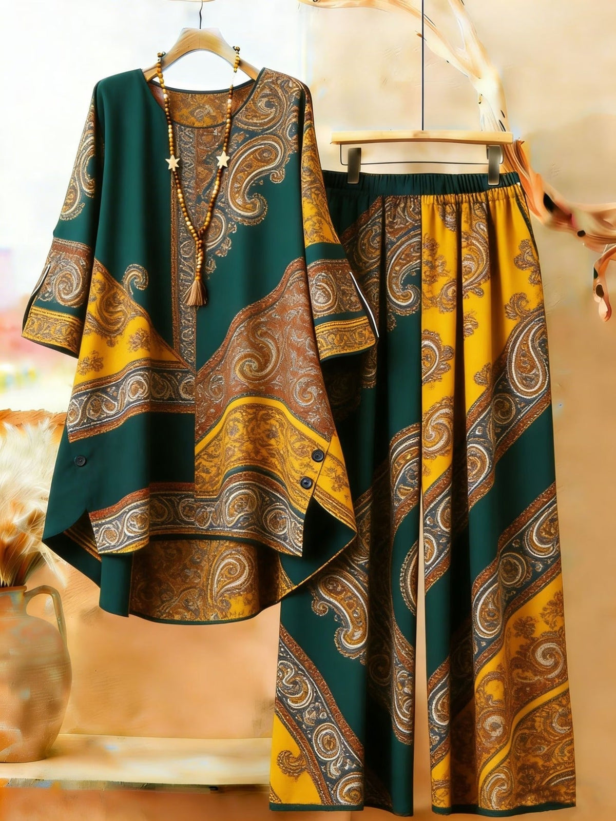 Featuring Persian Floral Print Design, Crew Neck, Dipped Hem, Suitable for Everyday Casual Wear, Comfortable and Stylish