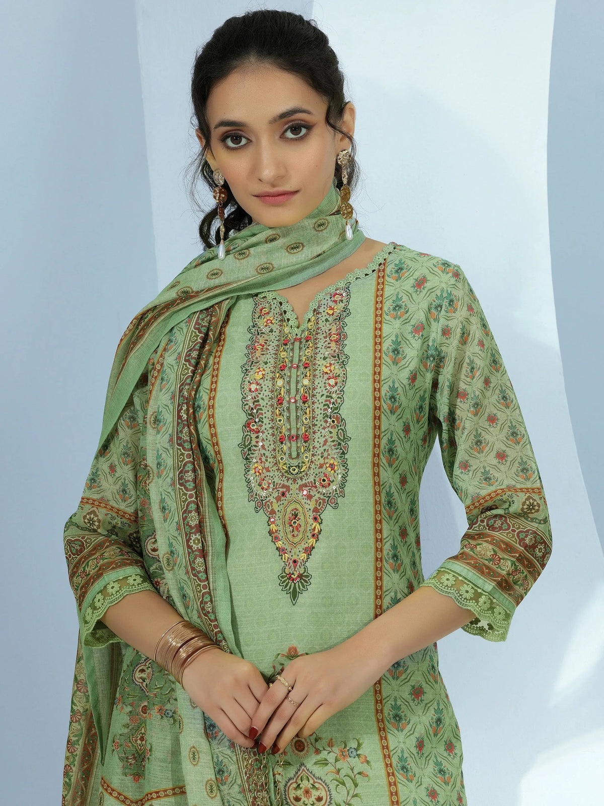 Anouk Green Printed Cotton Blend Straight Suit With Dupatta