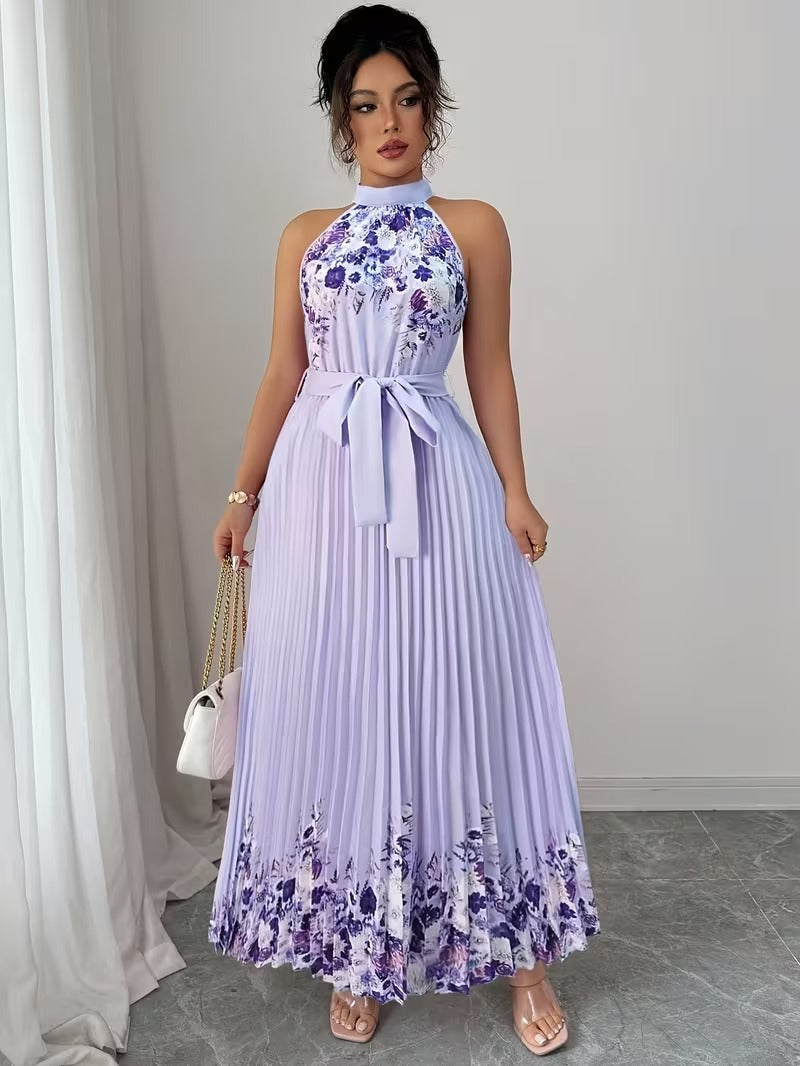 Elegant Floral Halter Neck Pleated Dress – Stylish & Comfortable Summer Outfit for Women