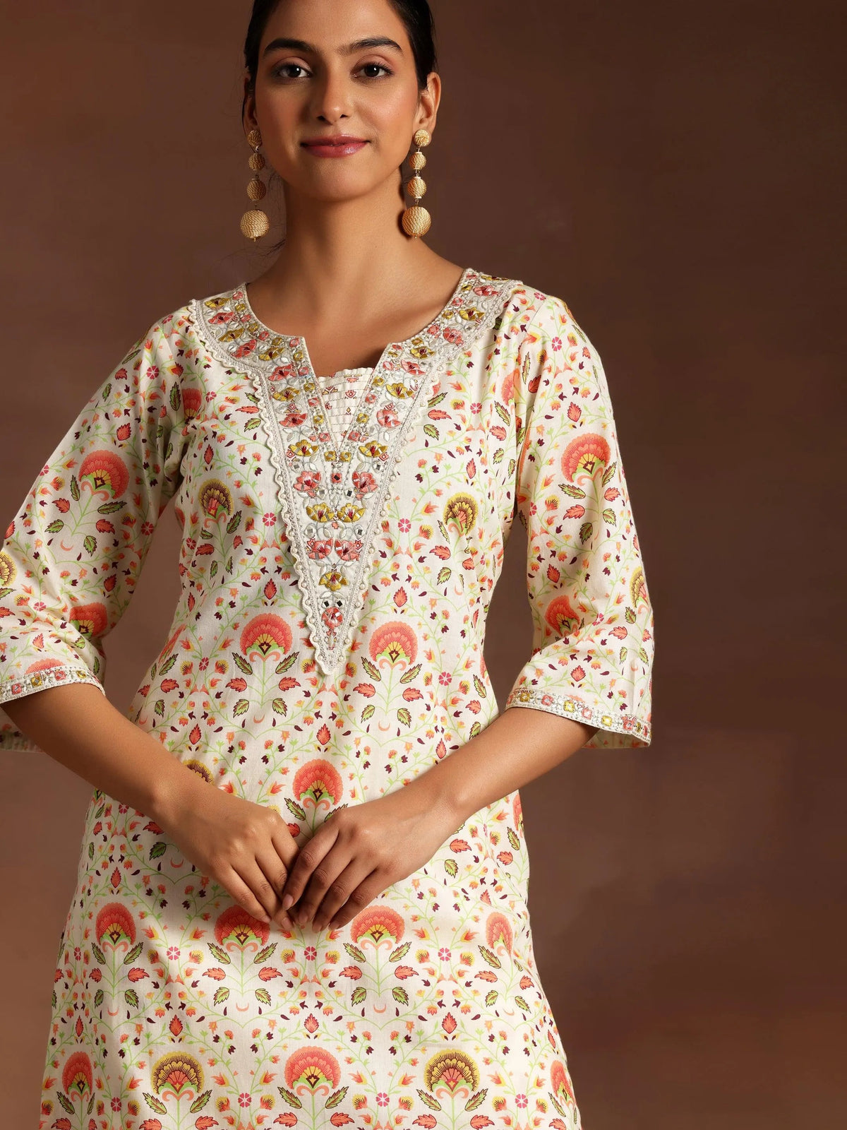 Anouk Off White Printed Cotton Straight Kurta Set
