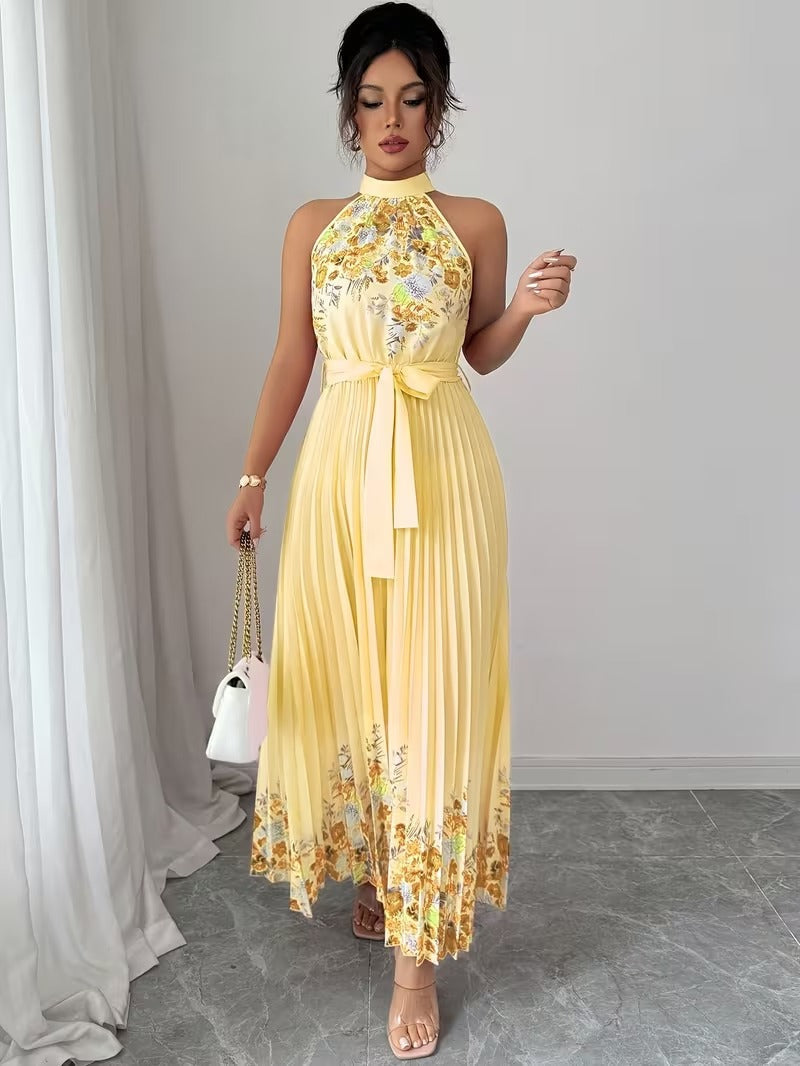 Elegant Floral Halter Neck Pleated Dress – Stylish & Comfortable Summer Outfit for Women