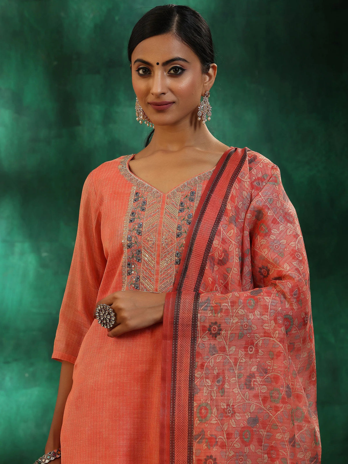Anouk Peach Yoke Design Silk Blend Straight Suit With Dupatta