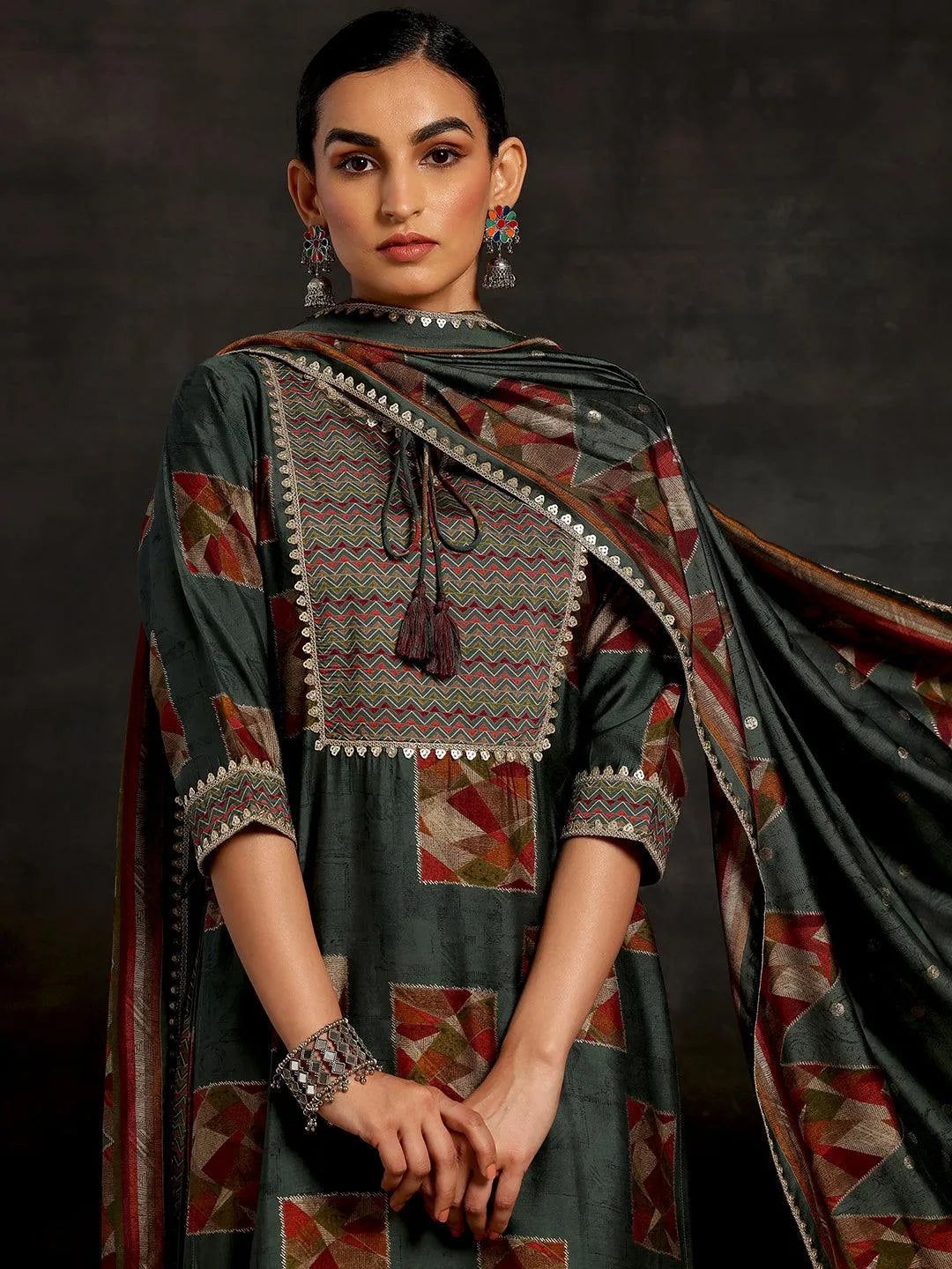 Anouk Green Printed Silk Blend Straight Suit With Dupatta